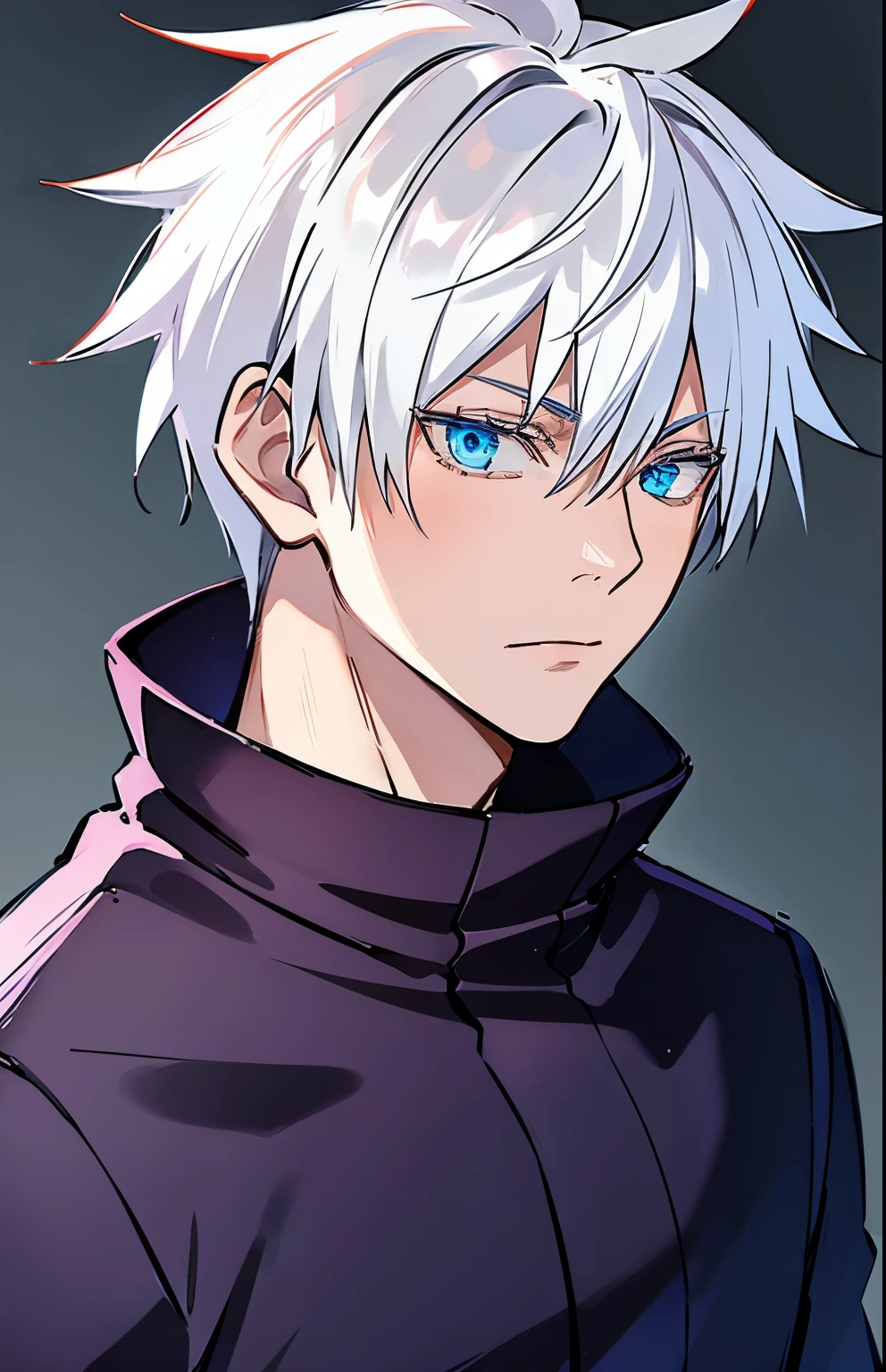 stylized anime, portrait, 1 boy, masculine features, white hair, satoru gojo, blue eyes, neutral expression, popped collar, black jacket