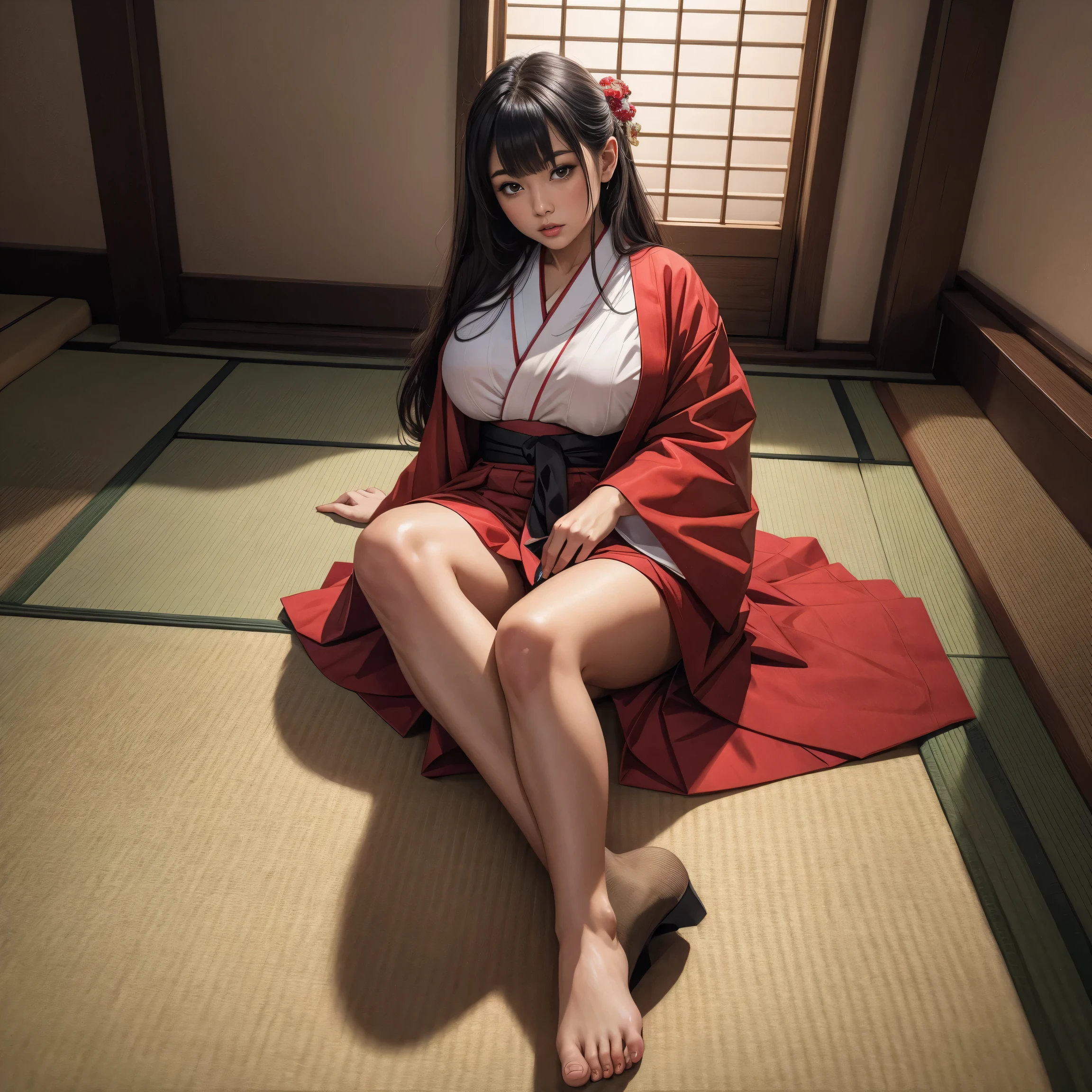 Masterpiece、Highest quality、Realistic photos、Thick Fog、A beautiful Japanese girl in a very elaborate red kimono、((((Holding a pure white skull))))、(((She spreads her legs to show her beautiful vagina)))、((Red background))