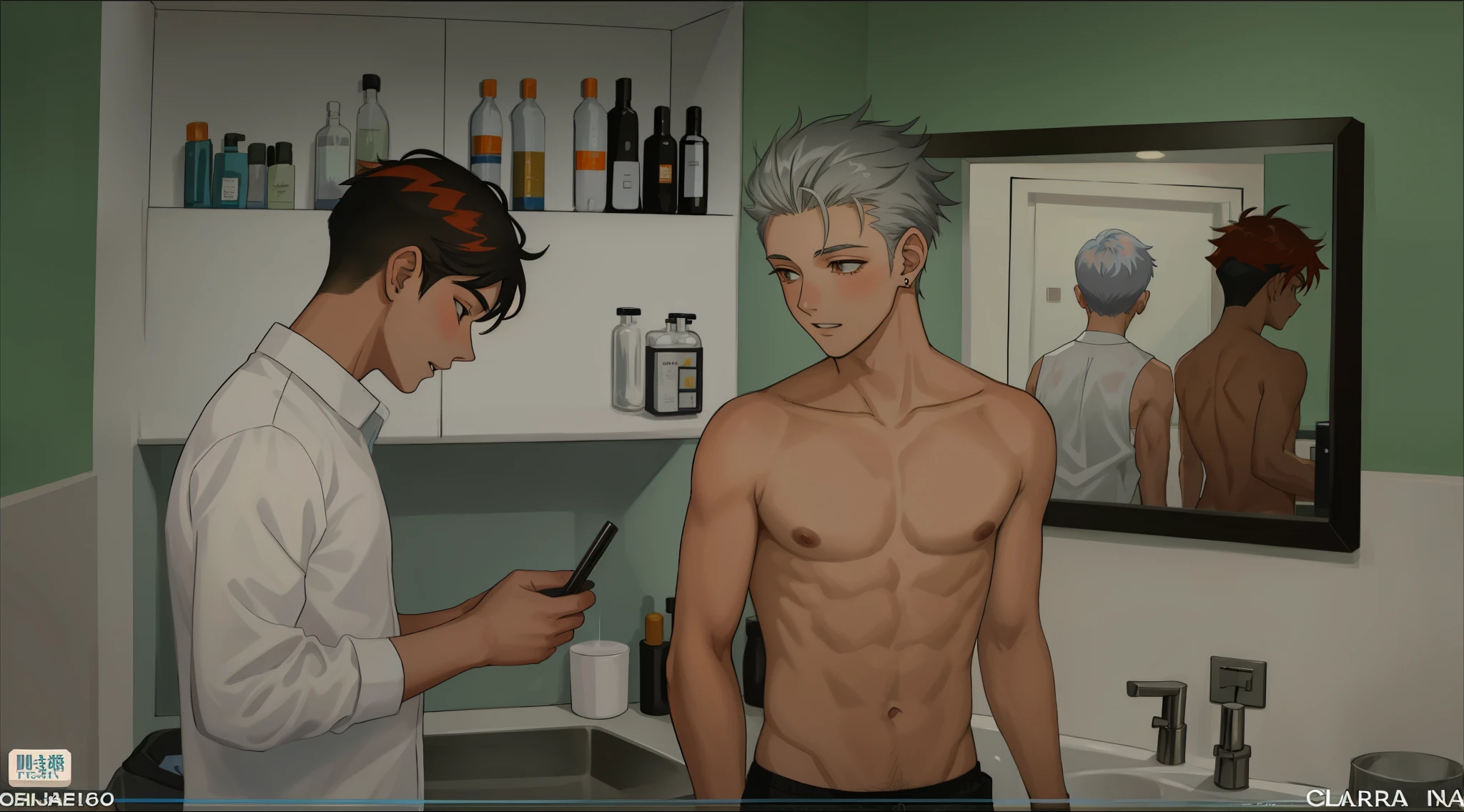 There are two  boys with silver hair and orange hair., el de cabello plateado cura las heridas de la espalda del chico sin camisa