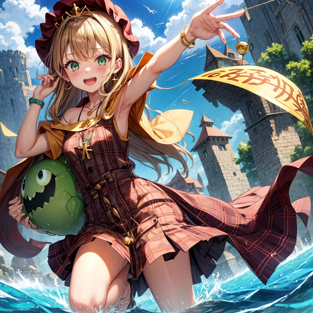 reddish-brown blonde、green eyes、one good looking girl、solo、anime、plaid mini skirt、the skirt has buttons、camisole、black t-shirt、dress、wearing a ribbon、ribbon at waist、cloak、hood、clouds are swirling、stone slabs are piled up、one hand raised、crystal earrings、sun、teeth are visible、splash of water、monster castle、have a world map、ceiling、golden key、balloon、jewelry necklace、tiara、Wheat-colored tan