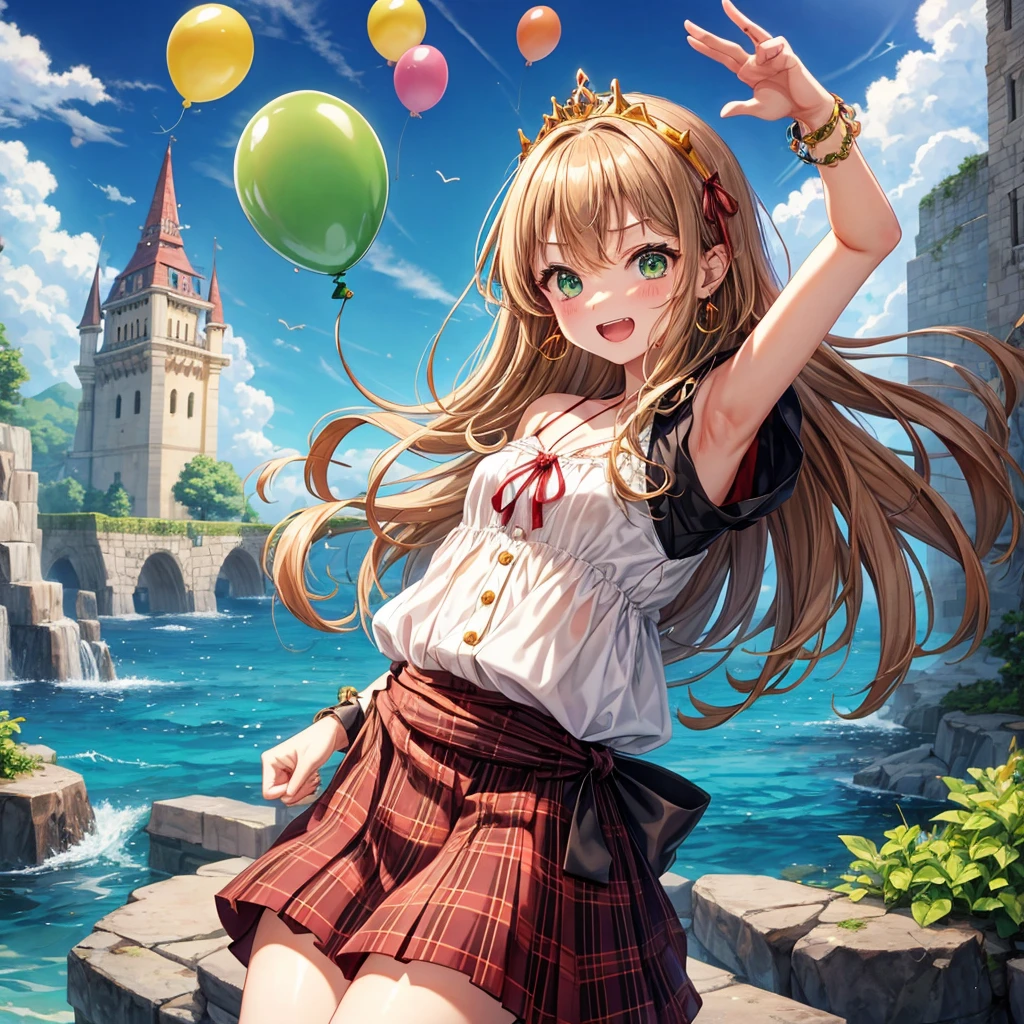 reddish-brown blonde、green eyes、one good looking girl、solo、anime、plaid mini skirt、the skirt has buttons、camisole、black t-shirt、dress、wearing a ribbon、ribbon at waist、cloak、hood、clouds are swirling、stone slabs are piled up、one hand raised、crystal earrings、sun、teeth are visible、splash of water、monster castle、have a world map、ceiling、golden key、balloon、jewelry necklace、tiara、Wheat-colored tan