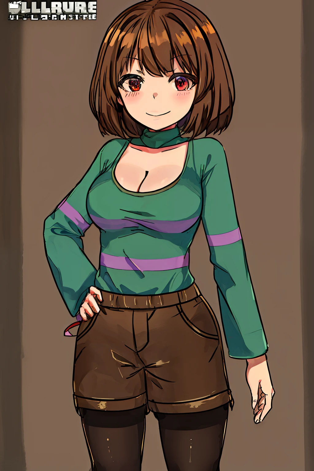 ((best quality)), ((masterpiece)), (detailed), Undertale Chara, brown hair, (brown shorts: 1.3), bob cut, short hair, black pantyhose, (green shirt: 1.3), red eyes, (1girl: 1.3), (solo: 1.3), stripes, striped shirt tetas con una altura de 2 y 1.1 centimeters and a thickness of 1.1cm 1girl, bangs, tight shoulders,  body, 10 year old girl,  blushing, Boots, breasts, cleavage, sweetheart neckline, 
 closed mouth, Eyebrows visible in the hair, Very small breasts, long hair , Looking at viewer, smiling, tense, Standing, dolphin shorts, front viewer showing breasts, Ultra HD |, 4k image, 