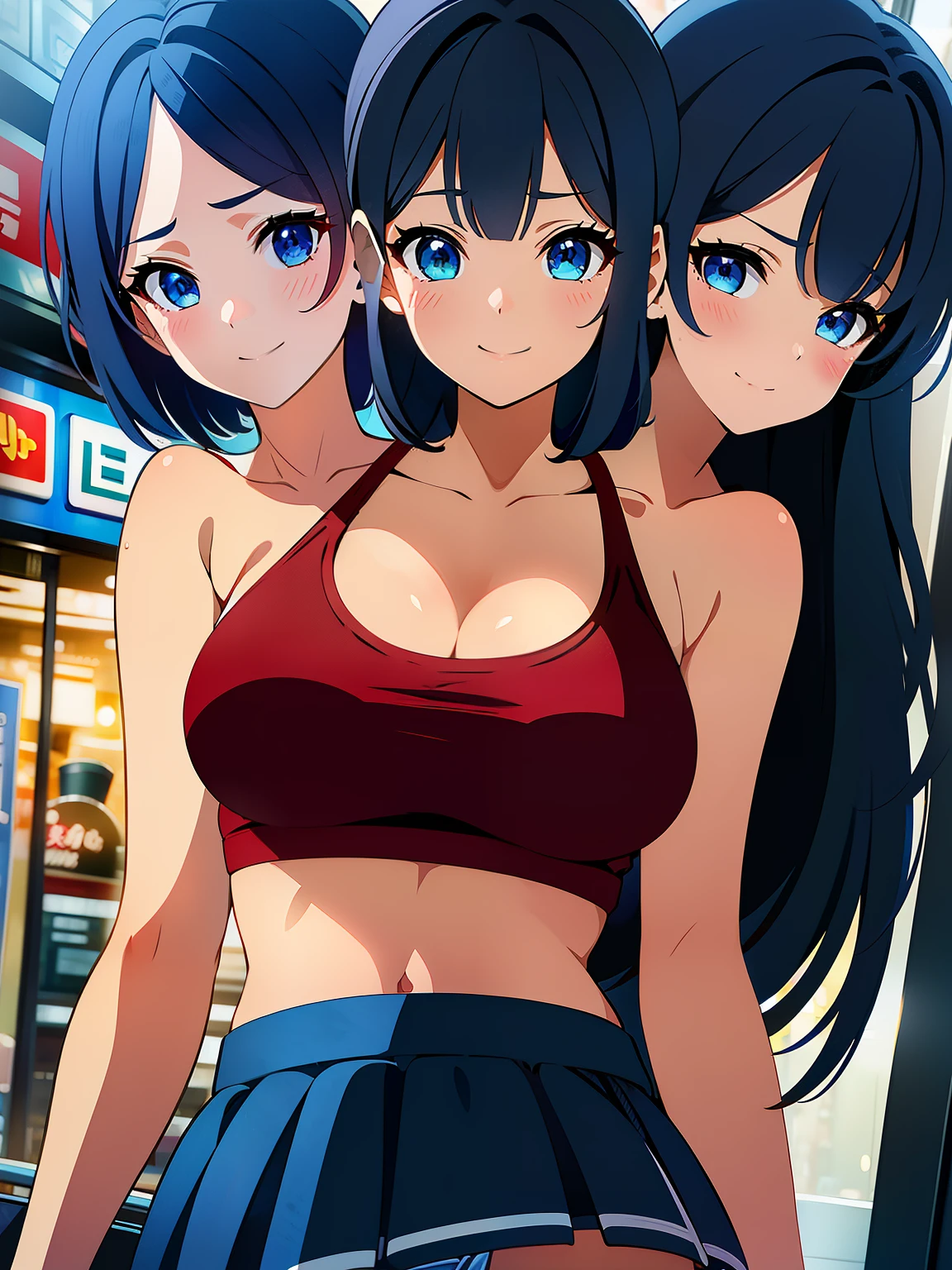 (masterpiece),(ultra-detailed), (high quality), (high resolution), (best quality:1.5, highres, UHD), highres, absurdo, ultra detail, ultra quality, Ultra resolution, 16k, ((2heads:1.5)), 1girl, anime girl with two headagenta hair), black tank top, casual wear, city background, smiling, shopping mall, age girl, vibrant lighting, blue skirt, (red sports bra), blushing