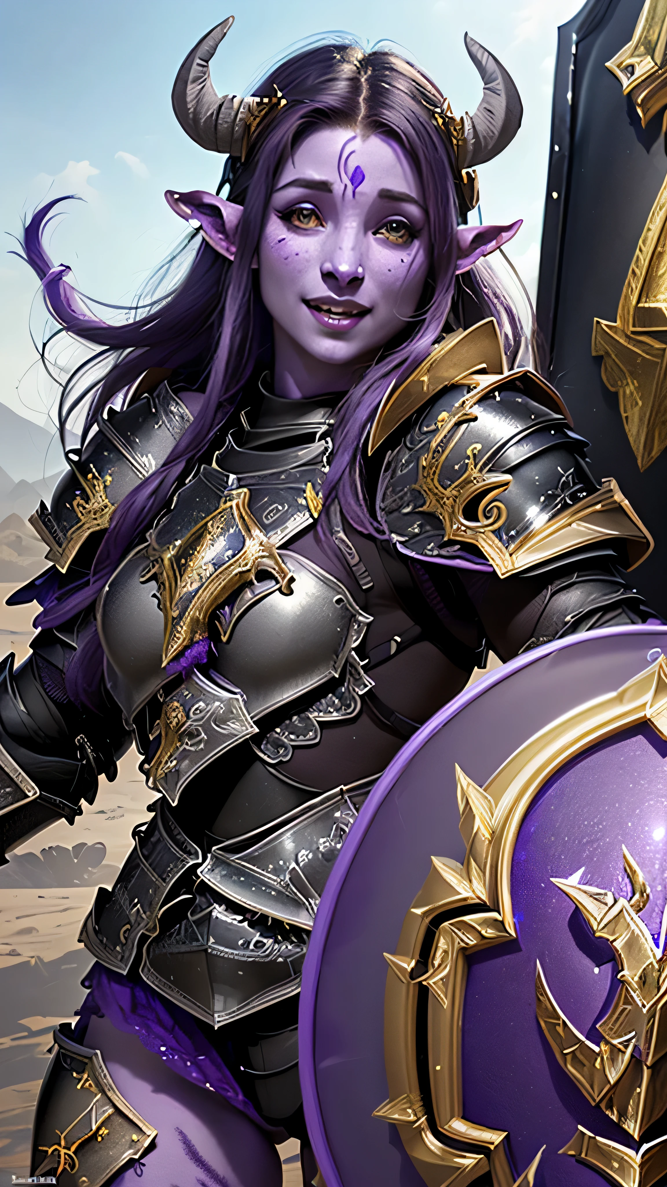 ((best quality: 1.5)) ((masterpiece: 0.8)), intricate details, sharp focus, professional, real life, realistic representation of the face, dynamic action pose, in the style of realistic and hyper detailed renderings BREAK (((((muscular (purple skin draenei girl), glossy (black horns), lacquered black paladin (armor:1.8), gold filigree, iridescent chrome shield, smiling)), gold eye, purple eye, red lips, long hair, [dark hair:blonde hair:0.6])))), freckles: 1.0), photorealistic, hyper-realistic, 8K