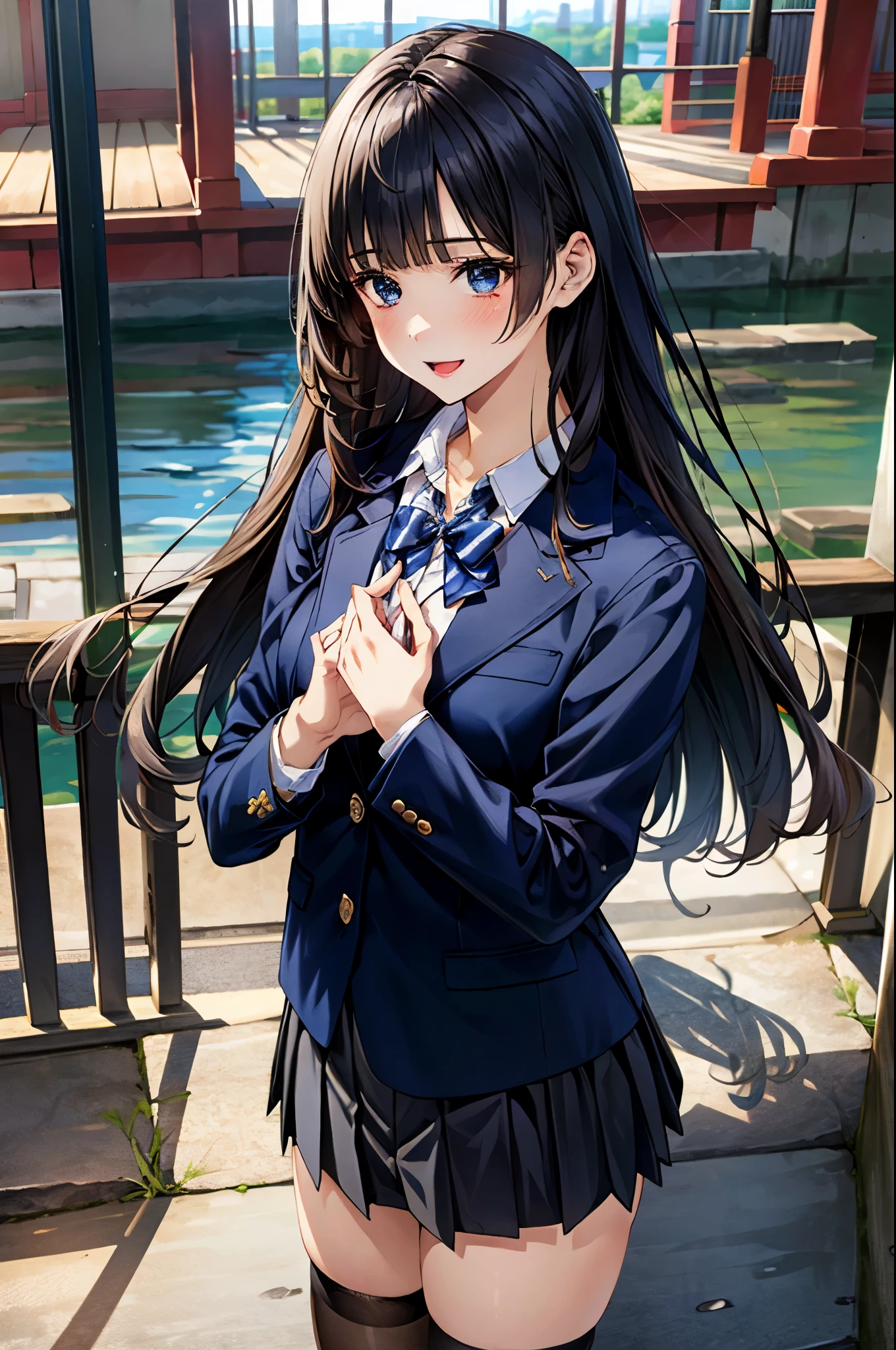 (masterpiece:1.2, top-quality), (realistic, photorealistic:1.4), beautiful illustration, (natural side lighting, movie lighting), , 
looking away, (face focus, upper body, front view:0.6), 1 girl, high school girl, japanese, perfect face, perfect anatomy, cute and symmetrical face, (round face), shiny skin, 
(long hair:1.6, hime cut:1.5, black hair), blunt bangs, blue eyes, big eyes, long eye lasher, (medium breasts), 
beautiful hair, beautiful face, beautiful detailed eyes, beautiful clavicle, beautiful body, beautiful chest, beautiful thigh, beautiful legs, beautiful fingers, 
break,
(((navy school blazer:1.2), 
break,
closed blazer, white collared shirts, navy pleated mini skirt), grey bow tie, gray thigh-highs), 
(beautiful scenery), depth of field, morning, (riverside, cityscape in the distance), standing, (hands on own chest), (lovely smile, open mouth), 