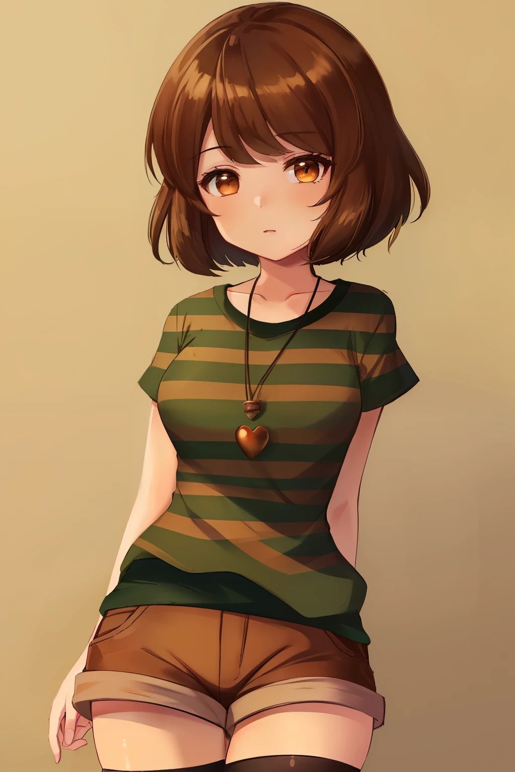 ((best quality)), ((masterpiece)), (detailed), Undertale Chara, brown hair, (brown shorts: 1.3), bob cut, short hair, black pantyhose, (green shirt: 1.3), red eyes, (1girl: 1.3), (solo: 1.3), stripes, striped shirt tetas con una altura de 2 y 0.0 centimeters y un grosor de 0.0 centimeters