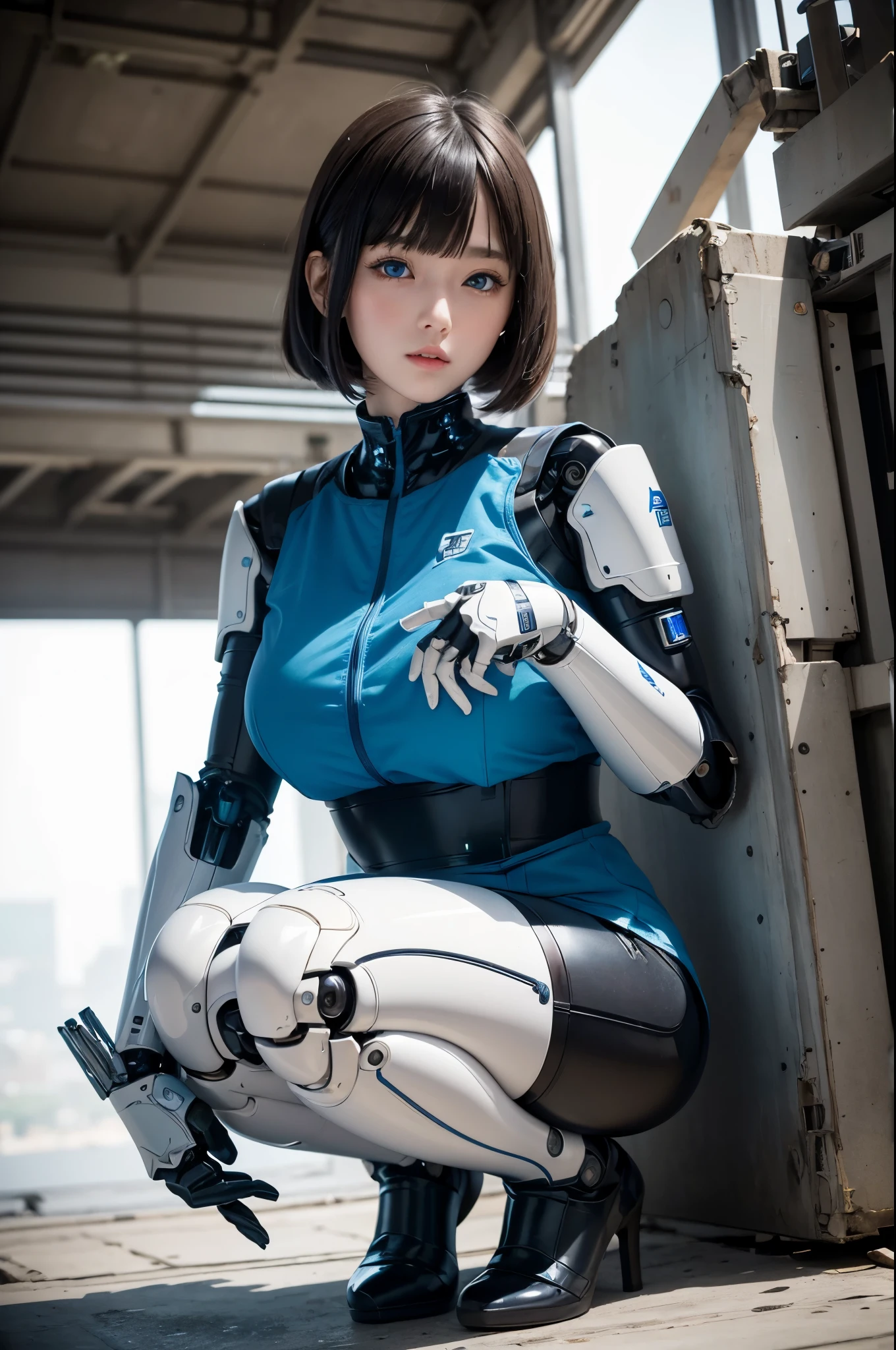 masterpiece, best quality, extremely detailed, Japanese android girl,Plump ,control panels,robot arms,robot,android,cyborg,white robot body,blunt bangs,robot repair plant,knee high socks,blue eyes,