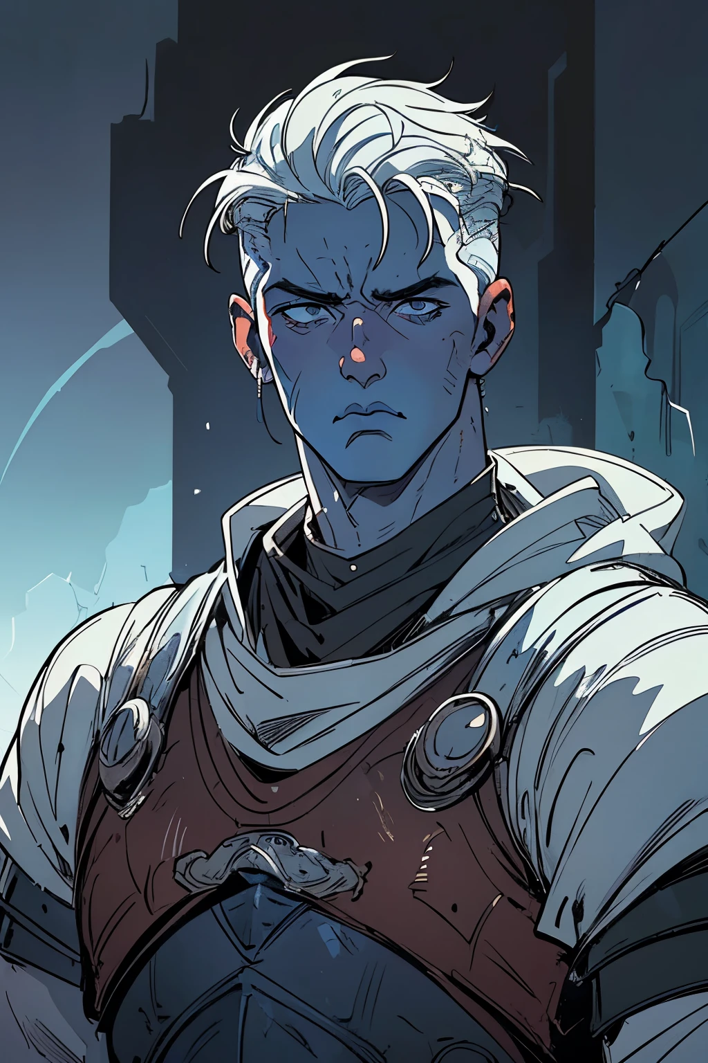 masterpiece:1.2, best quality, ultra detailed, absurdres,, (blue_skin), messy white_hair, undercut, 1male,male_focused,, young, masculine, serious, somber, cold, black layers over gear, archer, bowman gear, in the style of Kentaro Miura, fantasy, SCI-FI, light background,