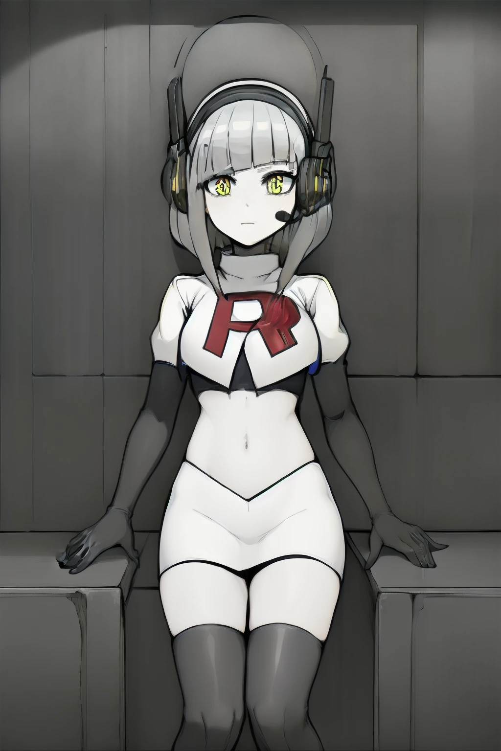 masterpiece, highly detailed, 1girl, nickel, silver hair, yellow eyes, headset, scifi, futuristic, metallic, circuitry, computer, electronic, colorful, team rocket,team rocket uniform, red letter R, white skirt,white crop top,black thigh-highs,black elbow gloves