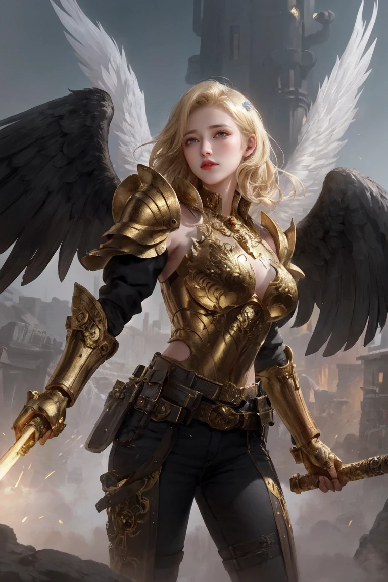 (masterpiece:1.2, Best quality:1.1),8K,exquisite detailing,k hd,Best Best Illustration,Wallpapers,exquisite detailing,8 k hd wallpaper:1.6 1girl,12year old,Golden pupils,((Golden eye)),golden iris,shine: 1.6 sword and shield, griffin, wings, banners, streamer, choi, diadems, exposed, Broken armor, industrial, Dieselpunk, Carved armor: 1.4, Scratches: 1.2, combat damage, wounds