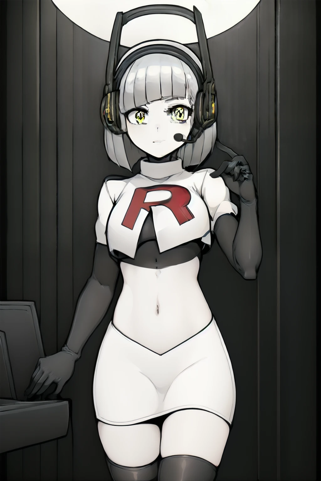 masterpiece, highly detailed, 1girl, nickel, silver hair, yellow eyes, headset, scifi, futuristic, metallic, circuitry, computer, electronic, colorful, team rocket,team rocket uniform, red letter R, white skirt,white crop top,black thigh-highs,black elbow gloves