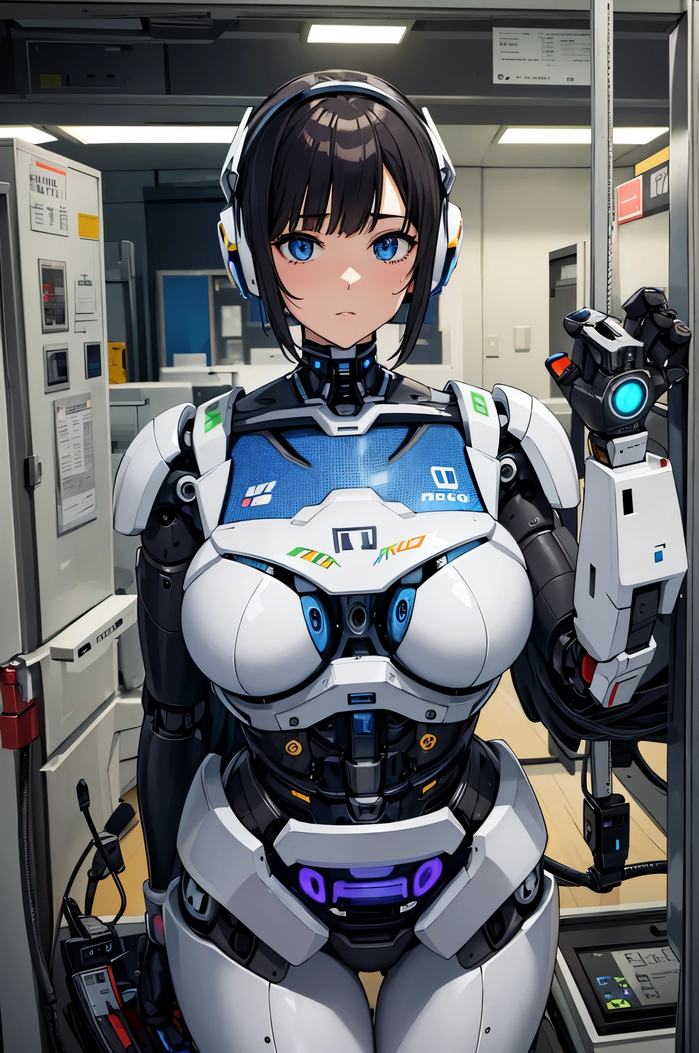 masterpiece, best quality, extremely detailed, Japaese android girl,Plump ,control panels,android,Droid,Mechanical Hand, Robot arms and legs,Blunt bangs,perfect robot girl,long tube,thick cable connected her neck,android,robot,humanoid,cyborg,japanese cyborg girl ,robot-assembly plant,She has assembled now,assembly scene,chest monitor,blue eyes