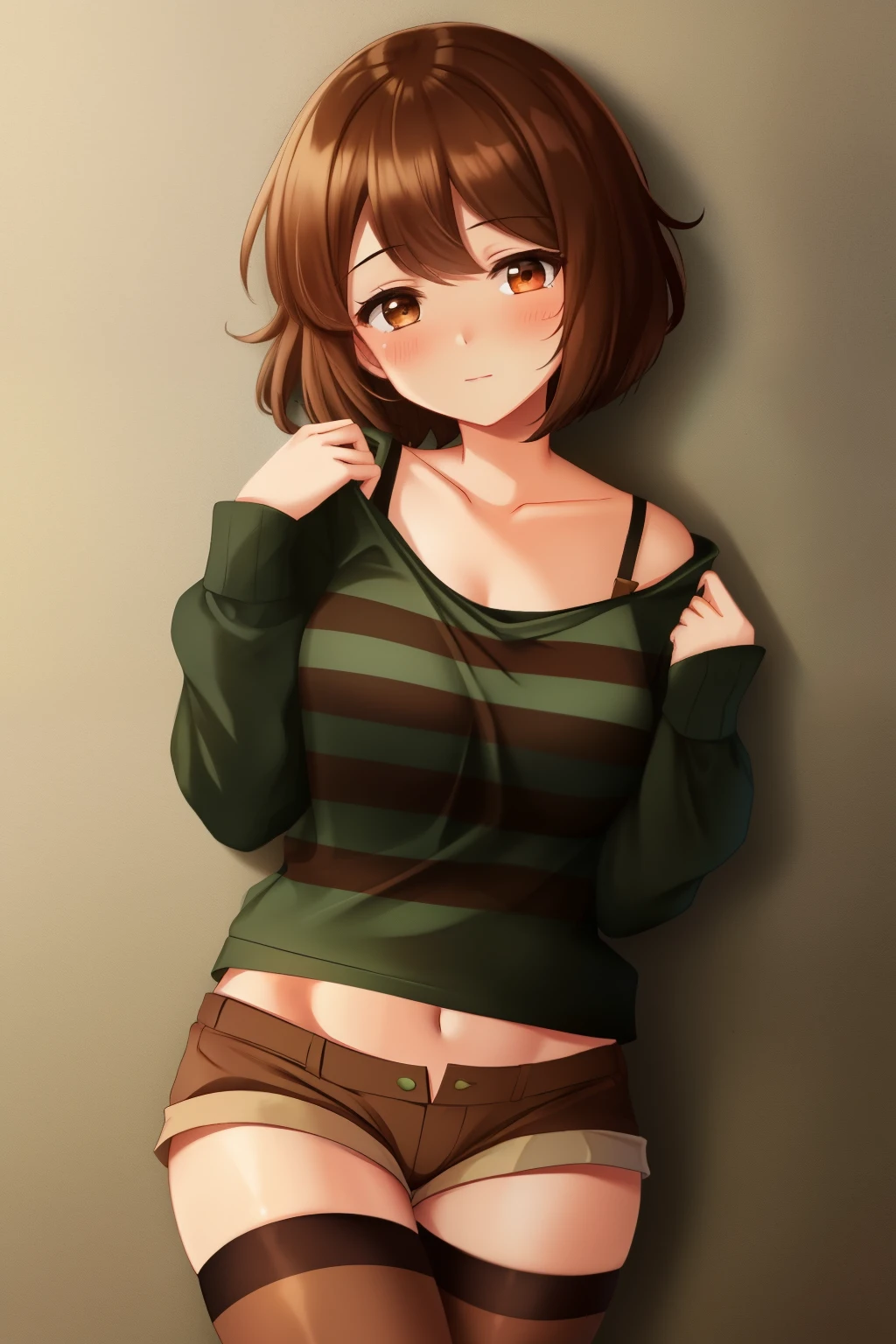 ((best quality)), ((masterpiece)), (detailed), Undertale Chara, brown hair, (brown shorts: 1.3), bob cut, short hair, black pantyhose, (green shirt: 1.3), red eyes, (1girl: 1.3), (solo: 1.3), stripes, striped shirt tetas con una altura de 2 y 1.0 centimeters and a thickness of 1.0cm blush, emotional, long hair, underwear, bra, panties, shy, 