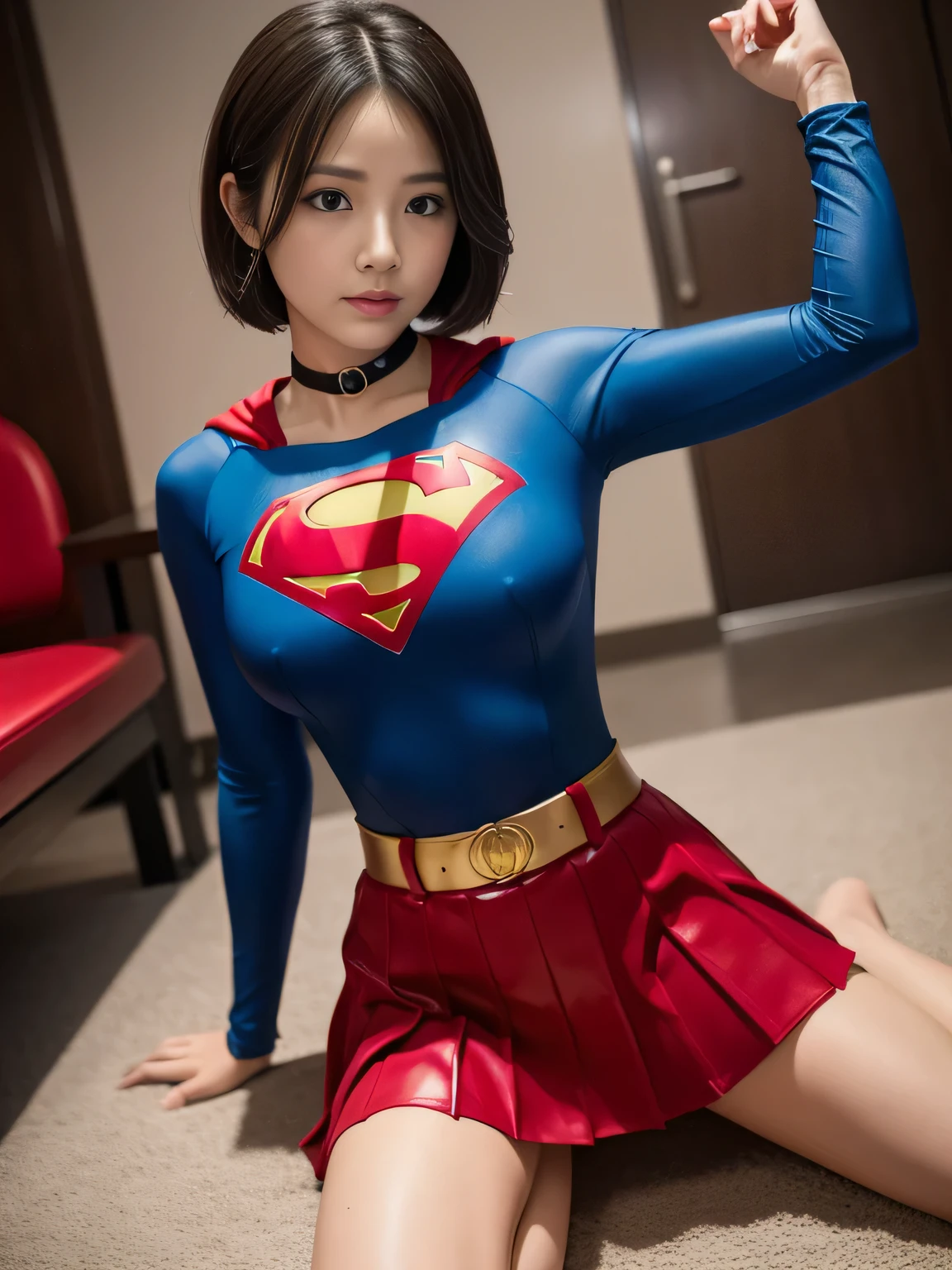 masterpiece、supergirl costume、short hair、barefoot、big and full breasts、torture、operating room、operating table、Crisis situation、straddle、flowing sweat、shiny、look at the camera、provocation、Estrus、choker、cover of specialized magazine、long sleeve、red mini skirt、obscene pose、Seduce、humiliating