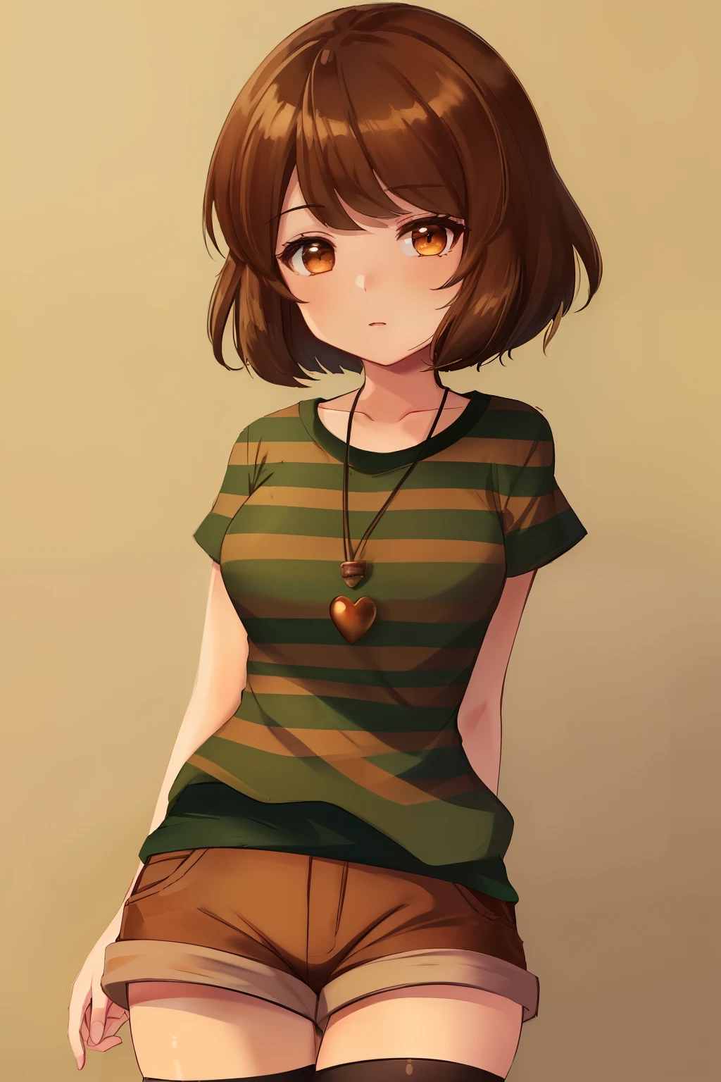 ((best quality)), ((masterpiece)), (detailed), Undertale Chara, brown hair, (brown shorts: 1.3), bob cut, short hair, black pantyhose, (green shirt: 1.3), red eyes, (1girl: 1.3), (solo: 1.3), stripes, striped shirt tetas con una altura de 2 y 0.0 centimeters y un grosor de 0.0 centimeters