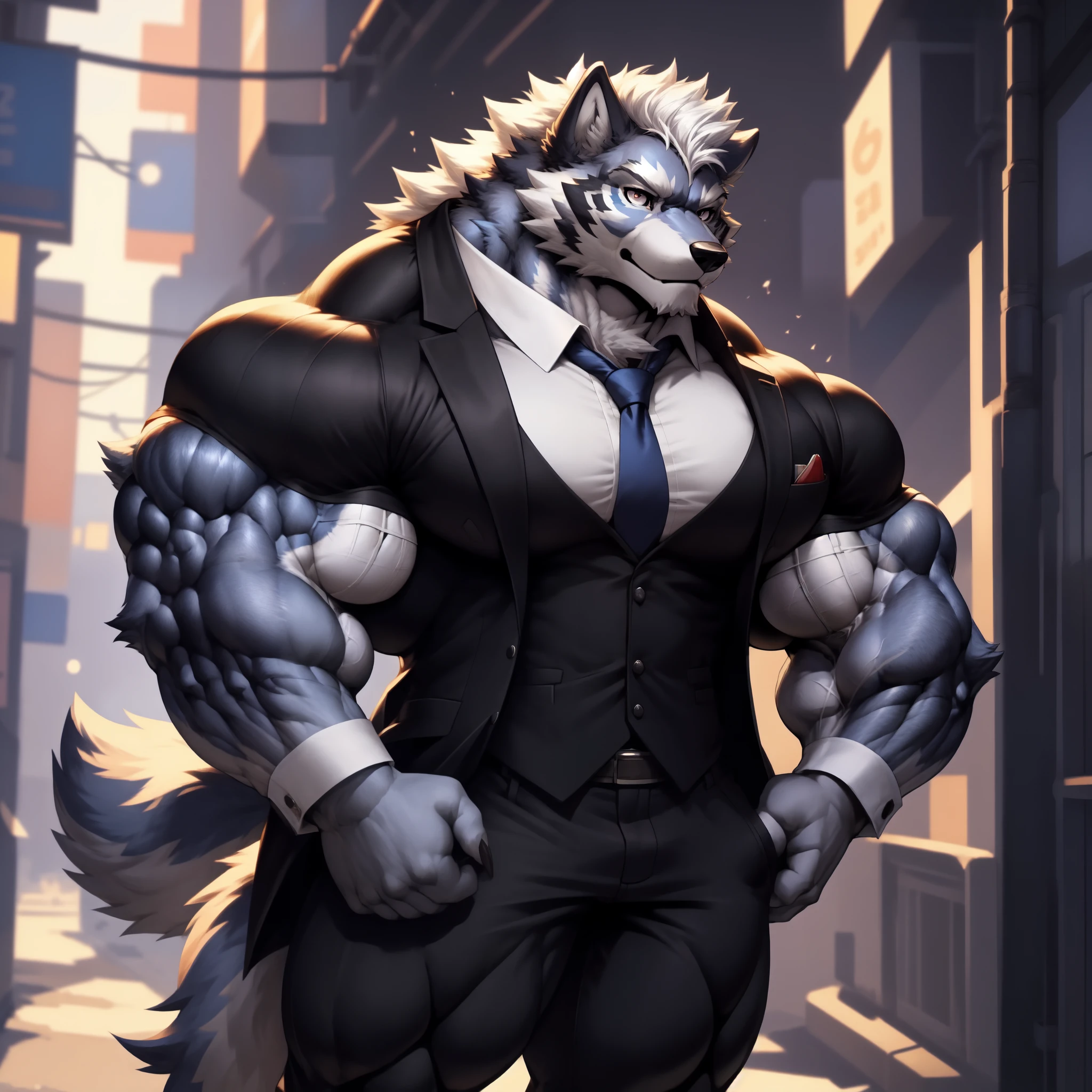 anime character in a black coat and tie standing in a narrow alley, commission for high res, from overwatch, as an overwatch character, in his suit, anthro art, fursona wearing stylish clothes, very very beautiful furry art, as overwatch character, epic and classy portrait, in strict suit, dressed in a suit, an anthro wolf, furry character , ((((hypermuscle:1.3))))