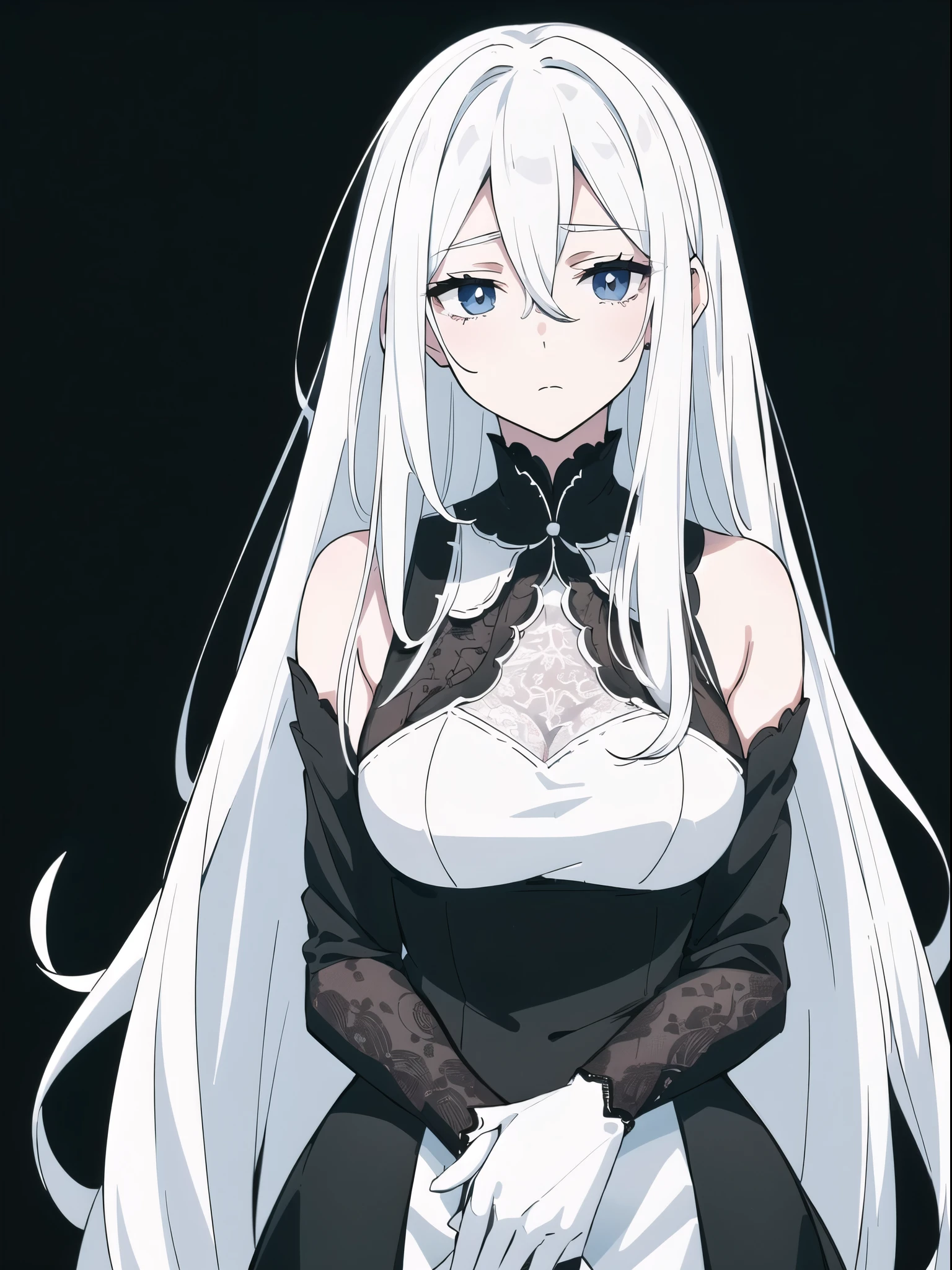 ((White hair)),((Head and Shoulders Image)),Sexy,A person,Alone,Simple style,pancake ,Simple details,Black background,Empty background,Black background wall,(20 year old woman),(Droopy hair),(White Gloves),(Evening Gown),(Lace Shirt),Lace,(confidence)