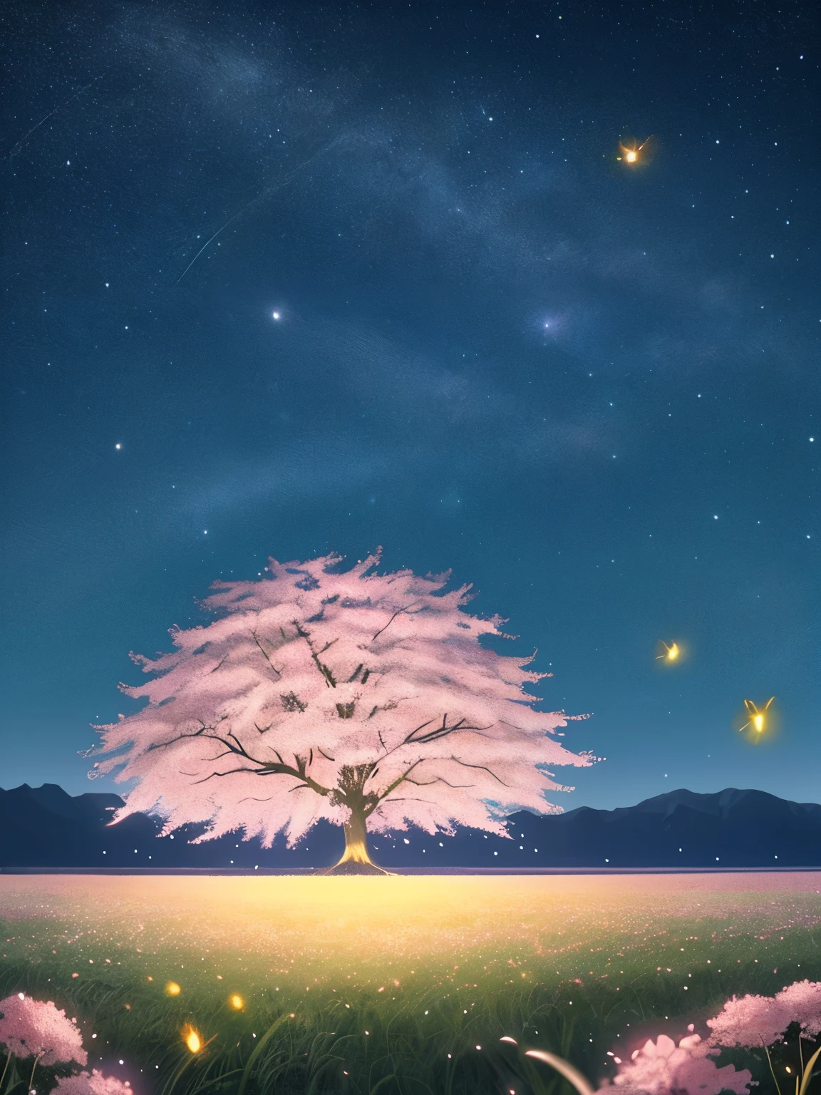 Far away view, evening time, 1 big sakura tree in middle, large field, grass, small flowers, plains, stars in sky, fireflies