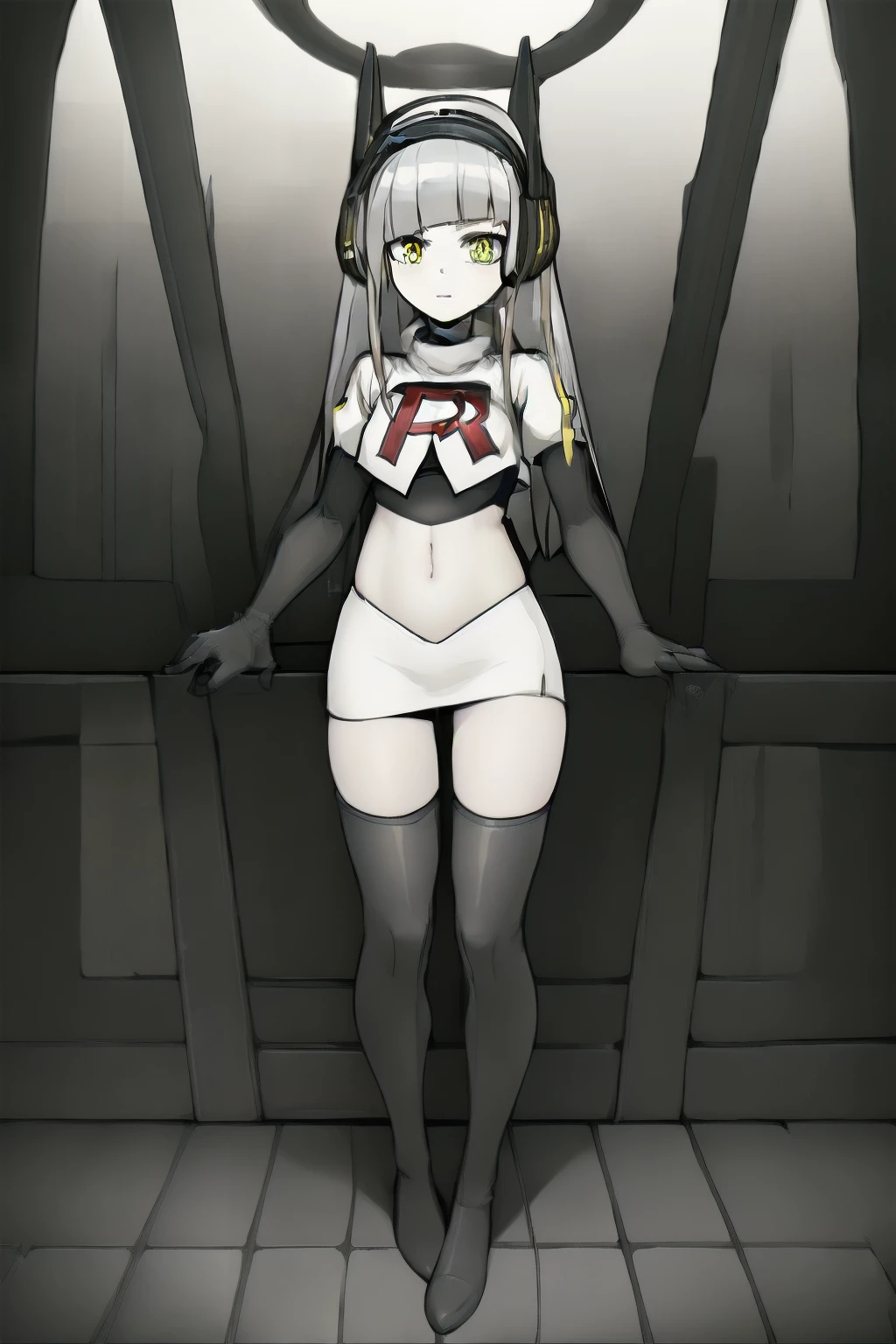 masterpiece, highly detailed, 1girl, nickel, silver hair, yellow eyes, headset, scifi, futuristic, metallic, circuitry, computer, electronic, colorful, team rocket,team rocket uniform, red letter R, white skirt,white crop top,black thigh-highs,black elbow gloves