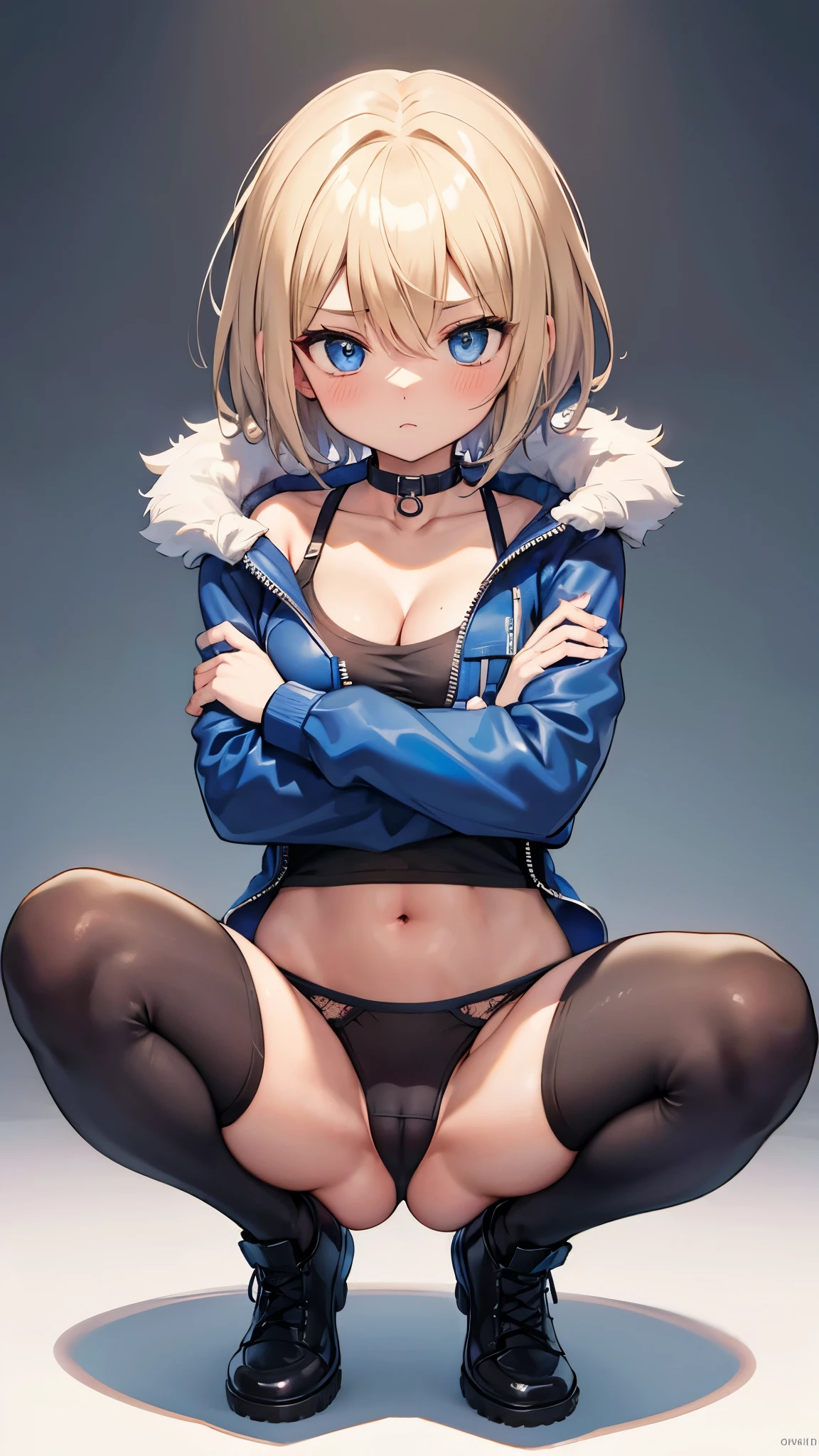 frosts new skin looks super cute in her leggings & leather jacket animefreetv com, 1girl, breasts, squatting, solo, jacket, navel, blue eyes, blonde hair, looking at viewer, cleavage, cameltoe, blue jacket, short hair, spread legs, large breasts, open jacket, open clothes, thighs, crop top, blush, underwear, fingerless gloves, crossed arms, black footwear, black panties, panties, collarbone, stomach