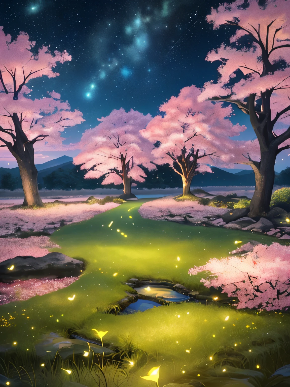 (best quality,4k,8k,highres,masterpiece:1.2),ultra-detailed,(realistic,photorealistic,photo-realistic:1.37),far away view,evening time,1 big sakura tree in middle,large field,grass,small flowers,plains,stars in sky,fireflies,soft breeze,gentle sunset colors,lush greenery,distant mountains,painting-like,dreamy atmosphere,sunlight filtering through leaves,warm tones,natural beauty,vibrant colors,calm and peaceful,tranquil setting,serene landscape,captivating scenery,ethereal charm,sakura blossoms in full bloom,sakura petals dancing in the wind,blissful tranquility,magical ambiance,starry night sky,flickering lights,illuminated pathway,sakura tree casting a beautiful silhouette,quiet solitude,serenity amidst nature,majestic night scene,harmonious blend of nature and art,mystical and enchanting.