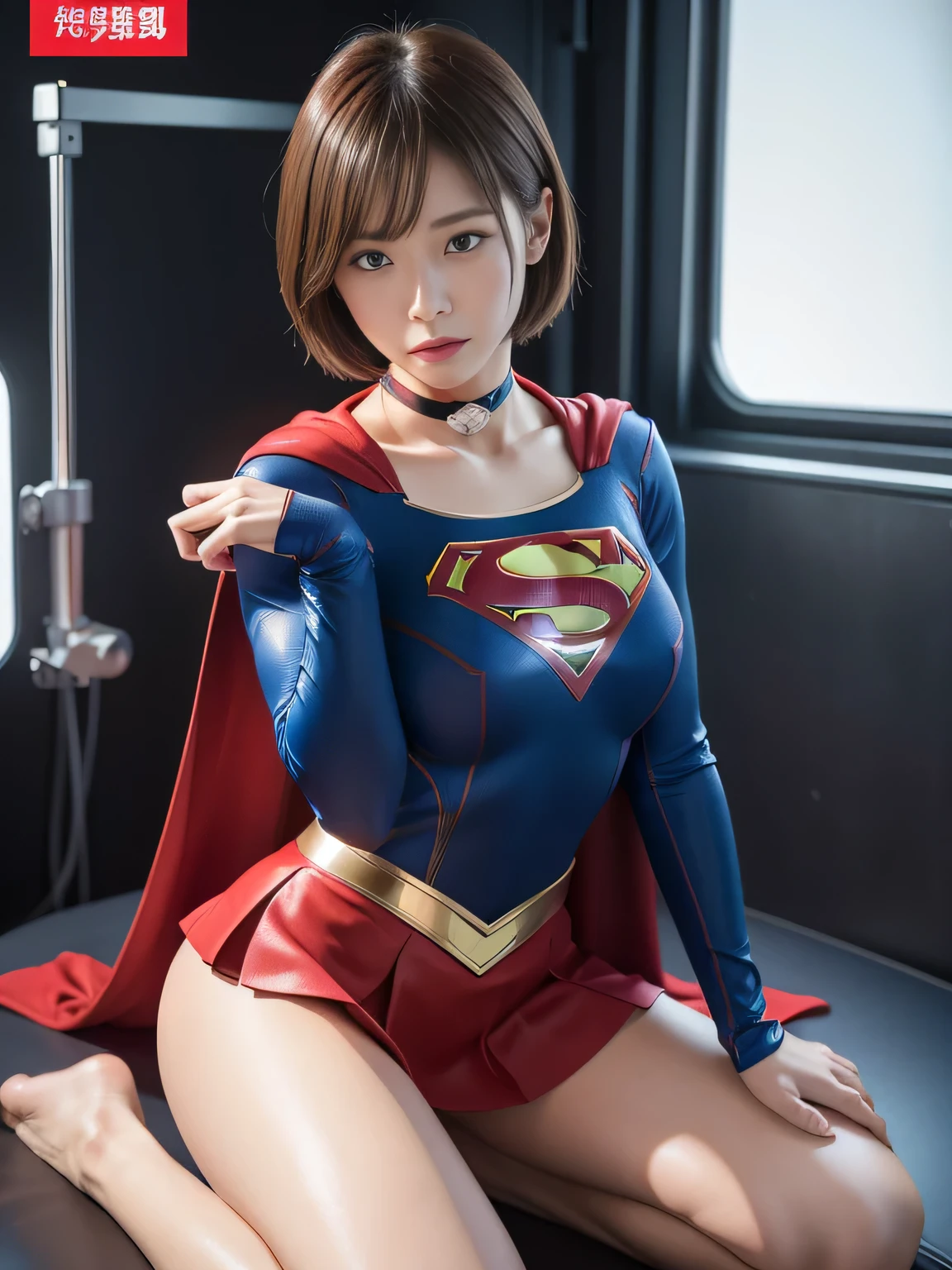 masterpiece、supergirl costume、short hair、barefoot、big and full breasts、Crisis situation、operating room、operating table、straddle、Sweat、shiny、look at the camera、provoke、Estrus、choker、cover of specialized book、long sleeve、red mini skirt、obscene pose、Seduce、