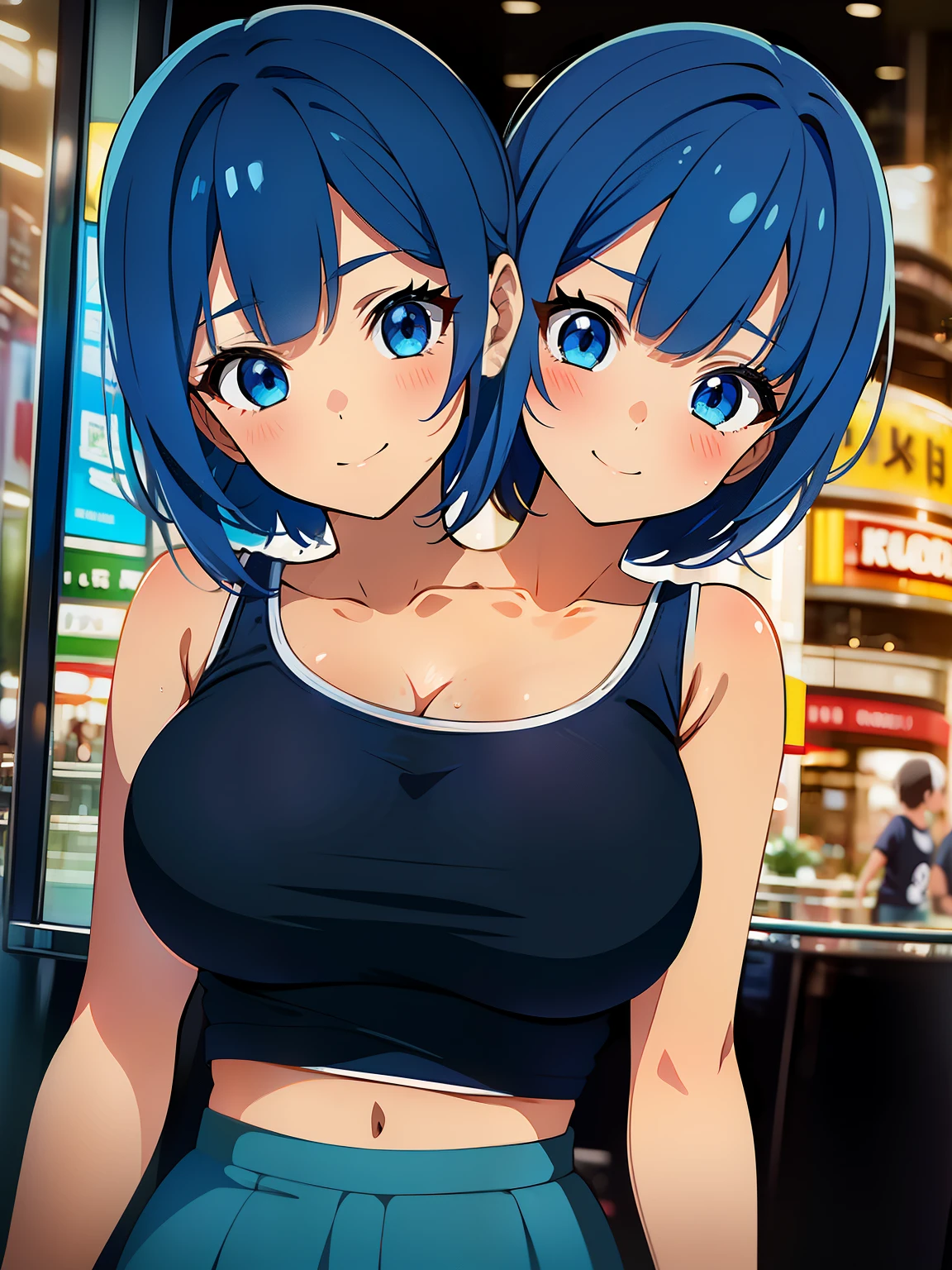 (masterpiece),(ultra-detailed), (high quality), (high resolution), (best quality:1.5, highres, UHD), highres, absurdo, ultra detail, ultra quality, Ultra resolution, 16k, ((2heads:1.5)), 1girl, anime girl with two headagenta hair), black tank top, casual wear, city background, smiling, shopping mall, teenage girl, vibrant lighting, blue skirt, (red sports bra), blushing