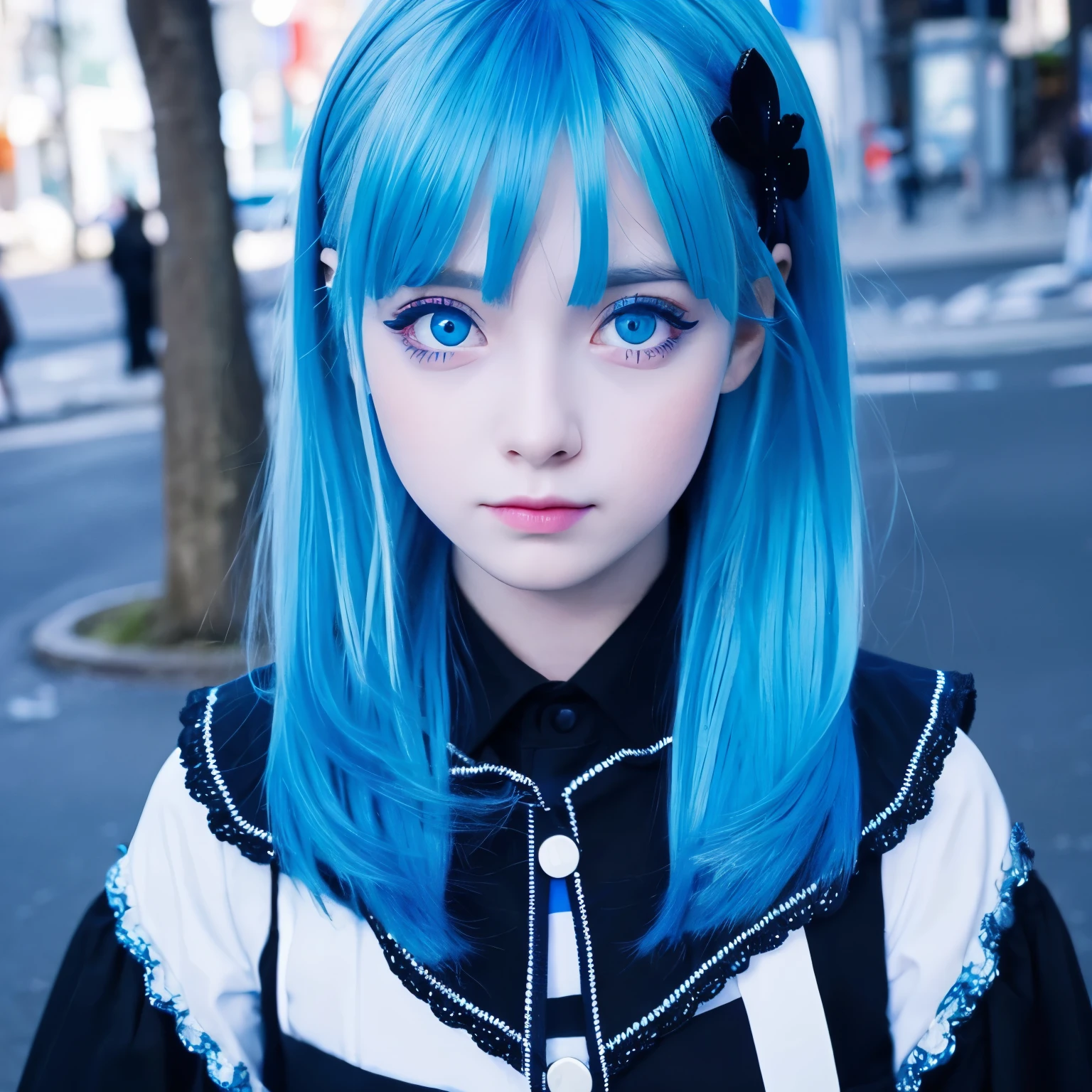 Magical girl black and blue odd eyes blue hair