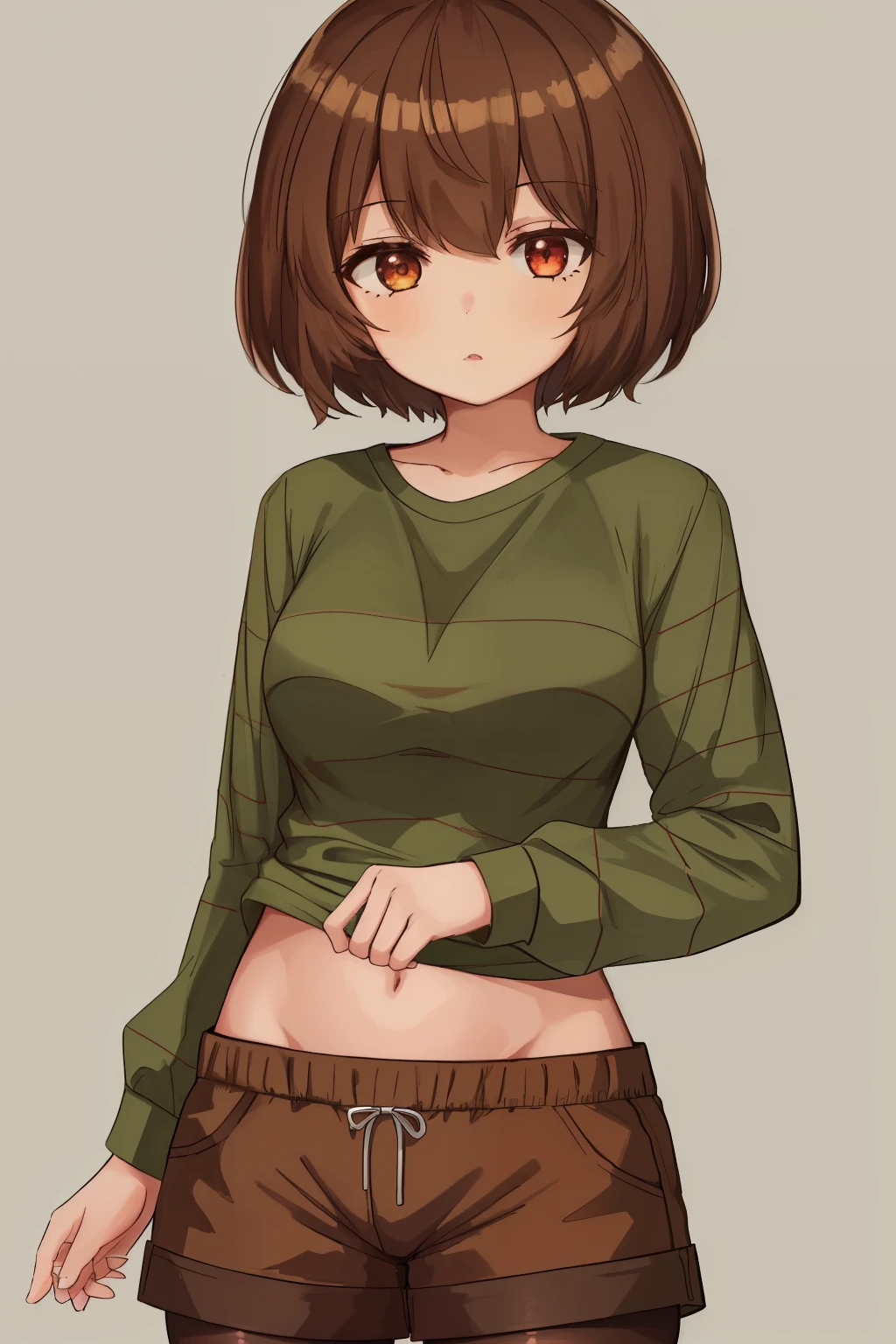 ((best quality)), ((masterpiece)), (detailed), Undertale Chara, brown hair, (brown shorts: 1.3), bob cut, short hair, black pantyhose, (green shirt: 1.3), red eyes, (1girl: 1.3), (solo: 1.3), stripes, striped shirt tetas con una altura de 2 y 0.0 centimeters y un grosor de 0.0 centimeters