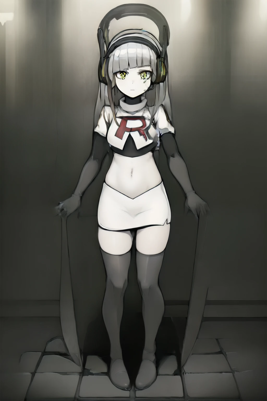 masterpiece, highly detailed, 1girl, nickel, silver hair, yellow eyes, headset, scifi, futuristic, metallic, circuitry, computer, electronic, colorful, team rocket,team rocket uniform, red letter R, white skirt,white crop top,black thigh-highs,black elbow gloves
