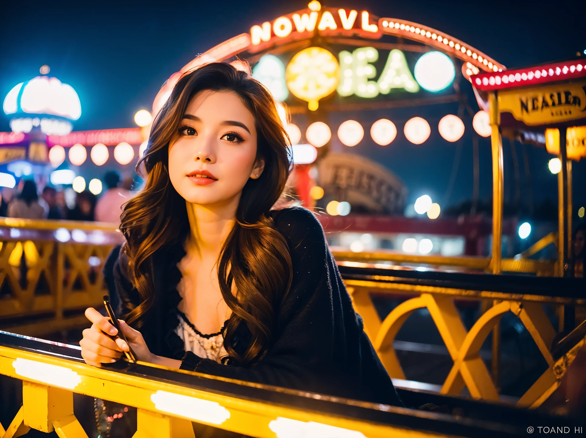 1 female、Early 20s、(A strong-willed and beautiful woman)、(super beautiful face)、(night)、put on makeup、wavy brown hair、Sitting on a brightly lit Ferris wheel seat、窓から見える街のnight景、shallow depth of field