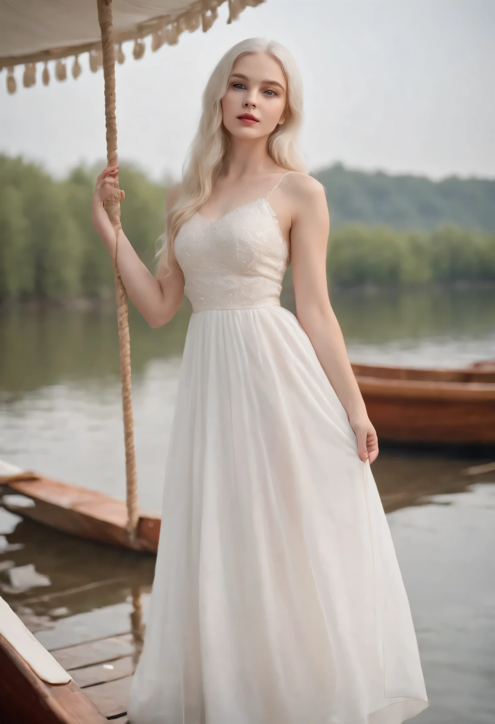 Full body portrait of a girl,full-body shot,She stood on the bow of a small boat,Her hand held up a large glowing pearl,Fair complexion, Female around 19 years old, Natural white hair, unique green eyes, Apply eyeshadow powder, light, beautiful, Ultra-sharp focus, Real shot, white dress,Classic costumes,Retro white dress,Elegant and classic beauty