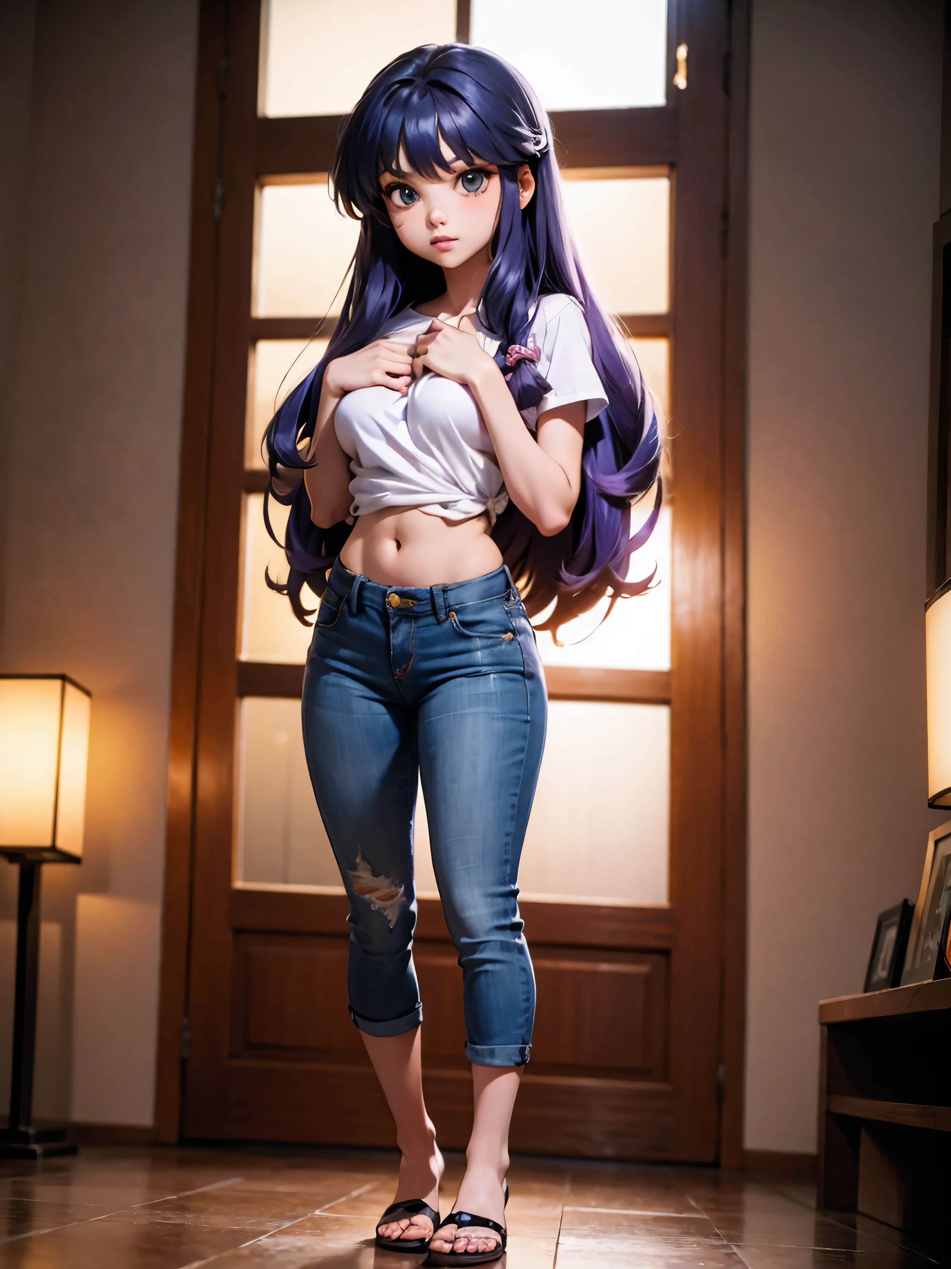 Anime cabelo purple com short jeans e blusa rosa brilhante, , corpo bonito, seios grandes, com as hands on chest, hands on chest, Garota sexy, purple cabelo, mechas de cabelo laterais, mechas de cabelo na lateral do rosto, beautiful lighting, sombras suaves, olhos azuis, pernas bonitas, cabelo longo purple, estilo anime, personagem Shampoo Chan, Autora Rumiko Takahashi, Baseado em obra de Rumiko Takahashi, Anime Ranma 1/ 2, decote sexy, quadril robusto, corpo inteiro, corpo inteiro, busto grande, garota jovem com corpo belo e bonito, sandals on his feet, garota 16 anosbaixa estatura, usando short jeans e blusa rosa brilhante, garota anime, estilo anime, beautiful feet in sandals, 45° viewing angle, ao ar livre, peito grande, seios bonitos, cabelo purple, sandals on the feet, pernas bonitas