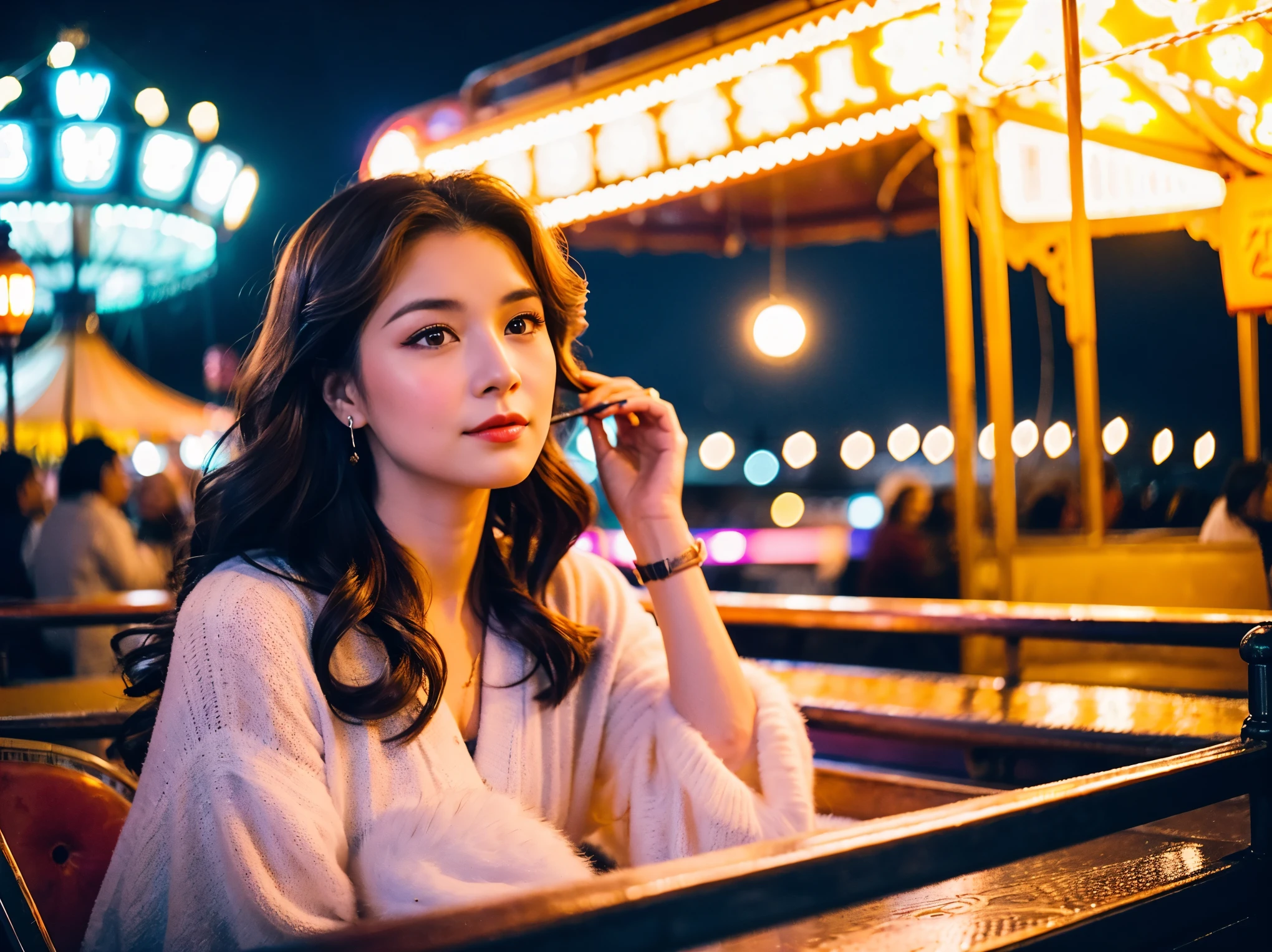 1 female、Early 20s、(A strong-willed and beautiful woman)、(super beautiful face)、(night)、put on makeup、wavy brown hair、Sitting on a brightly lit Ferris wheel seat、窓から見える街のnight景、shallow depth of field