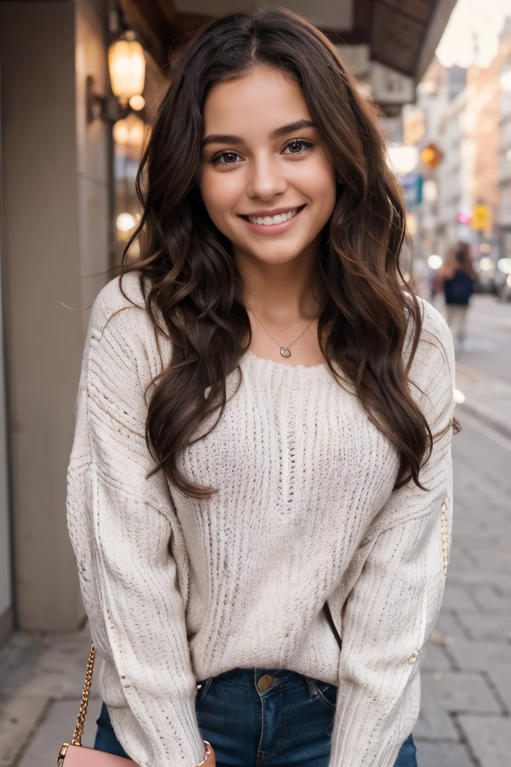 Cute woman, natural happy smile, blush, shiny teeth, soft lips, wavy hair, natural, cute, cute sweater, purse, purse strap in between .