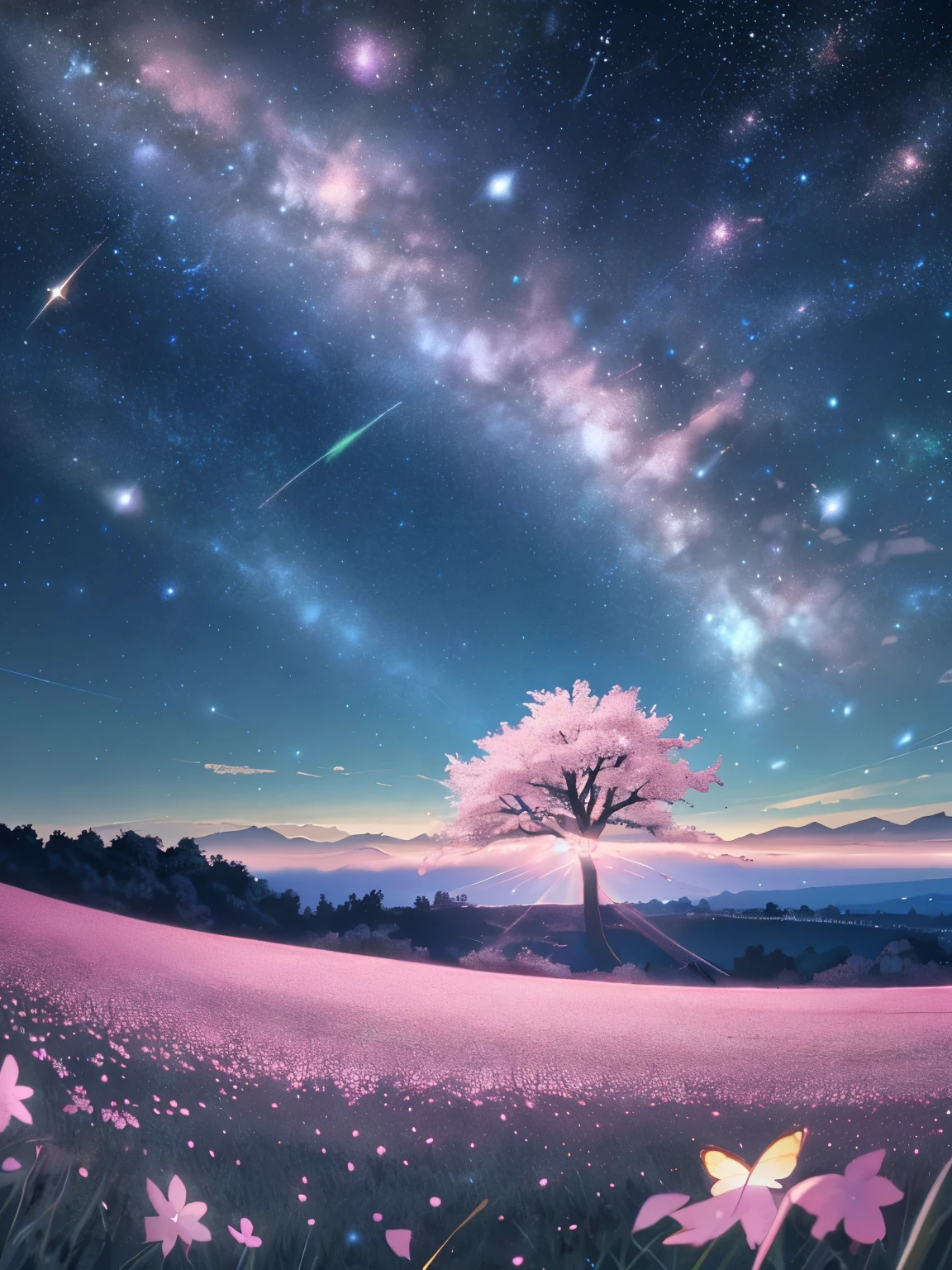Far away view, evening time, 1 big sakura tree in middle, large field, grass, small flowers, plains, stars in sky, fireflies
