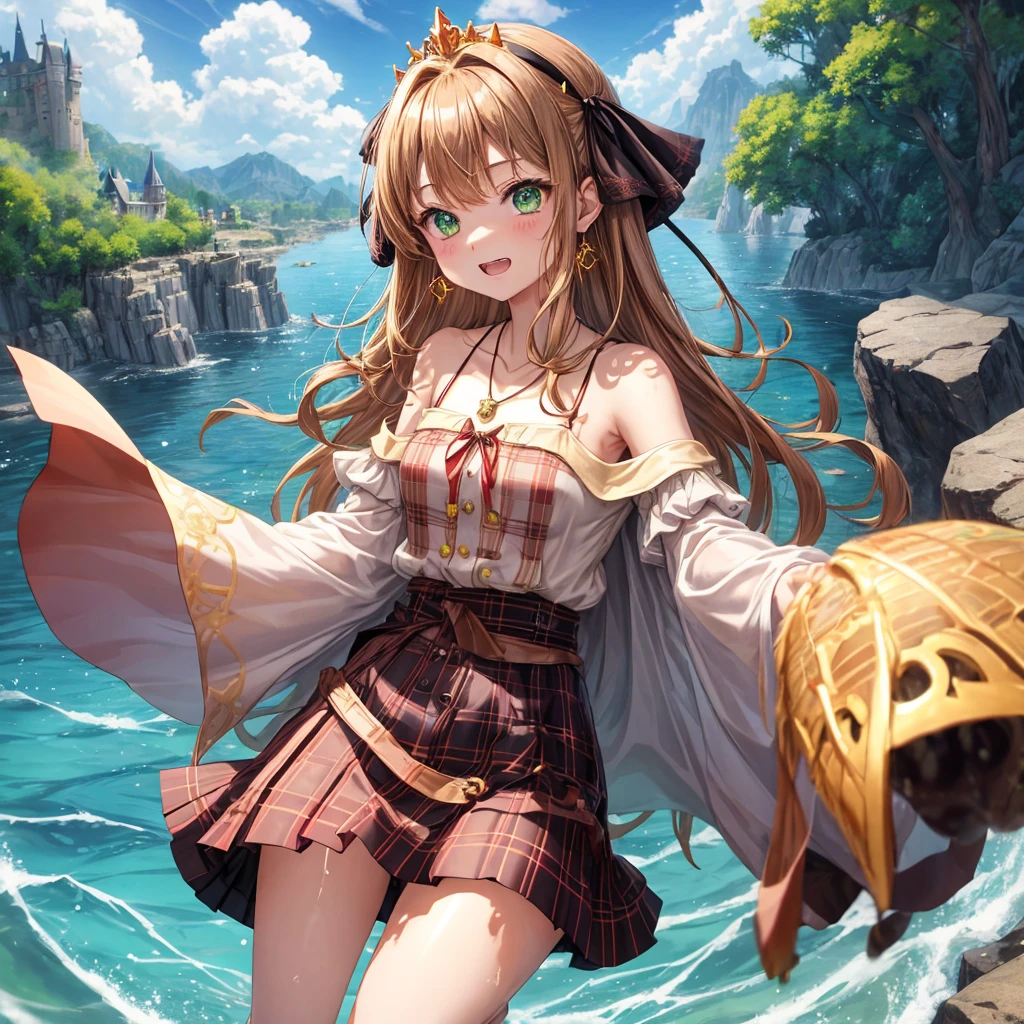 reddish-brown blonde、green eyes、one good looking girl、solo、anime、plaid mini skirt、the skirt has buttons、camisole、black t-shirt、dress、wearing a ribbon、ribbon at waist、cloak、hood、clouds are swirling、stone slabs are piled up、one hand raised、crystal earrings、sun、teeth are visible、splash of water、monster castle、have a world map、ceiling、golden key、balloon、jewelry necklace、tiara、Wheat-colored tan