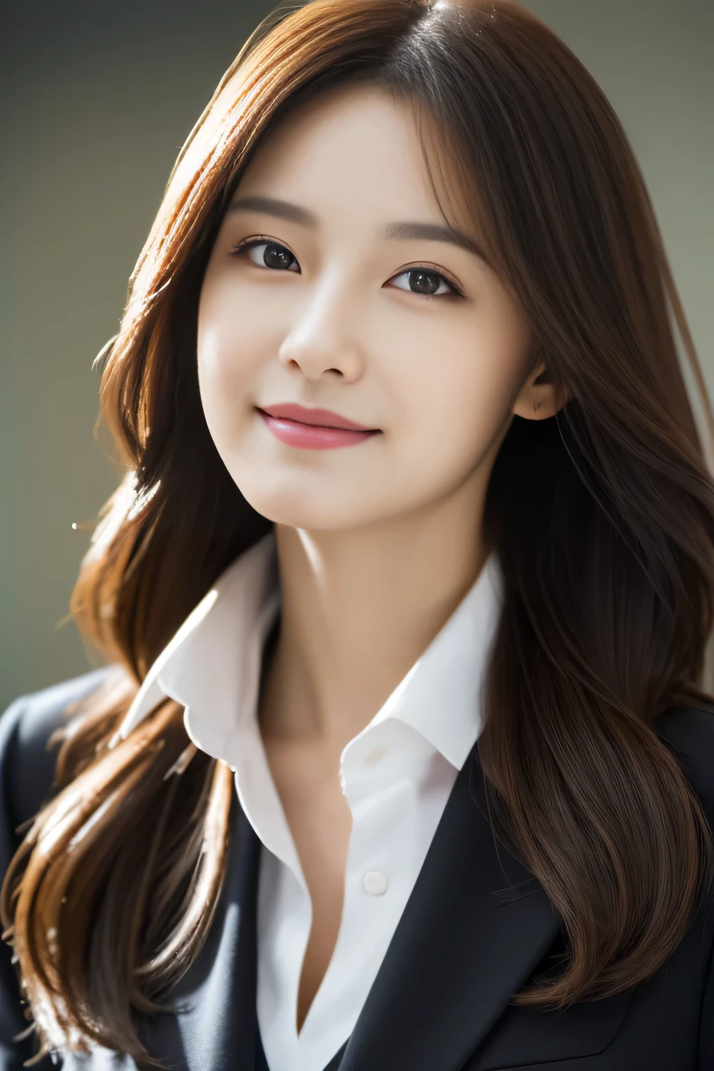 table top, highest quality, realistic, Super detailed, finely, High resolution, 8k wallpaper, 1 beautiful woman,, light brown messy hair, wearing a business suit, sharp focus, perfect dynamic composition, beautiful and detailed eyes, thin hair, Detailed realistic skin texture, smile, close-up portrait, model body shape