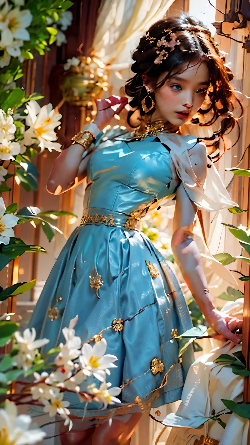 1 girl, Blue eyes. Full length, holding a lily in her hand, blue short couture bell dress, with straps, open shoulders. Blue eyes glow with happiness. Head tilted, short brown hair, graceful head, with a clear smile on her face, Chic interior - sunshine. Chara, a golden studio background, stands among white flowers. Brown hair, blunt bangs, hair between the eyes, parted bangs, long eyelashes, earrings, slight smile, Realism, Surrealism, Art Deco, chiaroscuro, backlighting, masterpiece, anatomically correct, super detail, excellent detail, award-winning, best quality, 1080P, HD