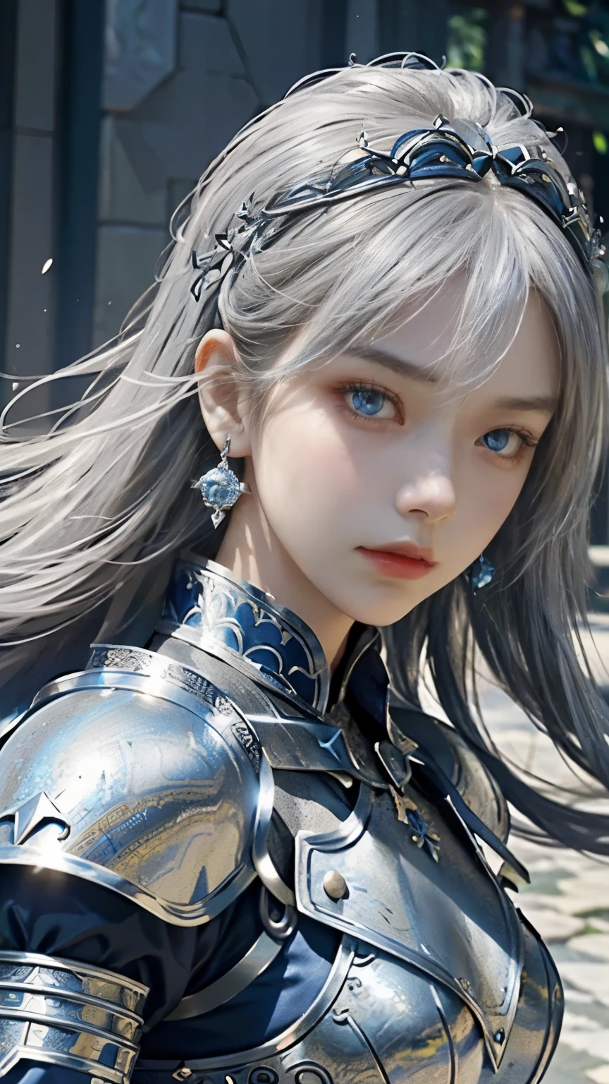 Realistic, High resolution, 1 Female, alone, Hip Up, View the viewer, (Detailed face), Gray Hair, Long Hair, knight armor