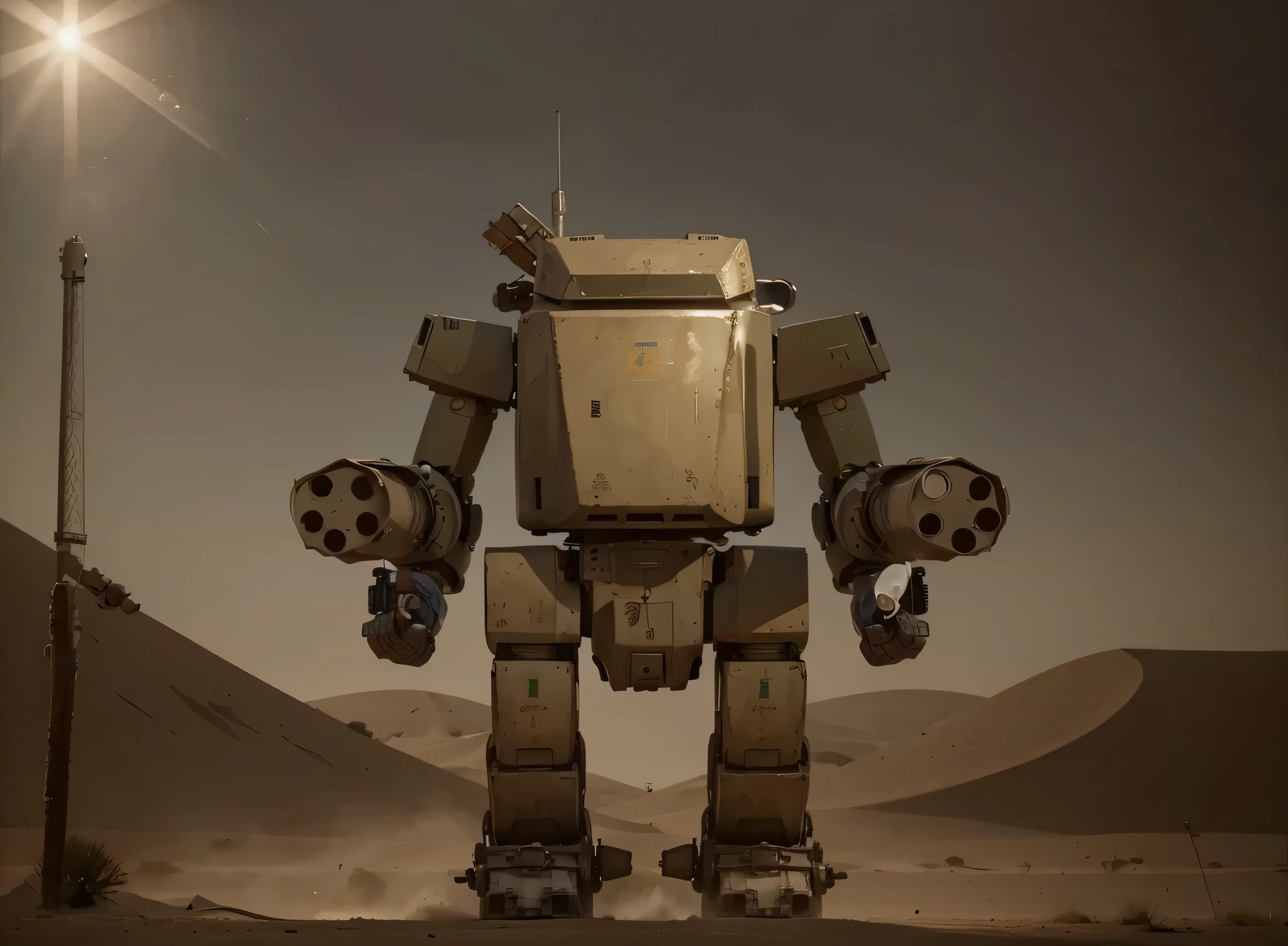 Mechanical robot, sin cabeza, metal pintado de color beige, rectangular, Formas rectas, small window in the front, tiene una antena, a lamp, minigun en sus brazos, camina por un campo de batalla en el desierto, greenish atmosphere, modern tanks and vehicles, ahumado, 4k, ultra detallado image, realista, muy detallado, perfect composition, splendid, intrincadamente detallado, incredibly detailed, 8k art photography, hiper detallado, Obra maestra, ultra detallado, hyper realista, 4k, ultra detallado image, realista , muy detallado, perfect composition, splendid, intrincadamente detallado, incredibly detailed, 8k art photography, hiper detallado, Obra maestra