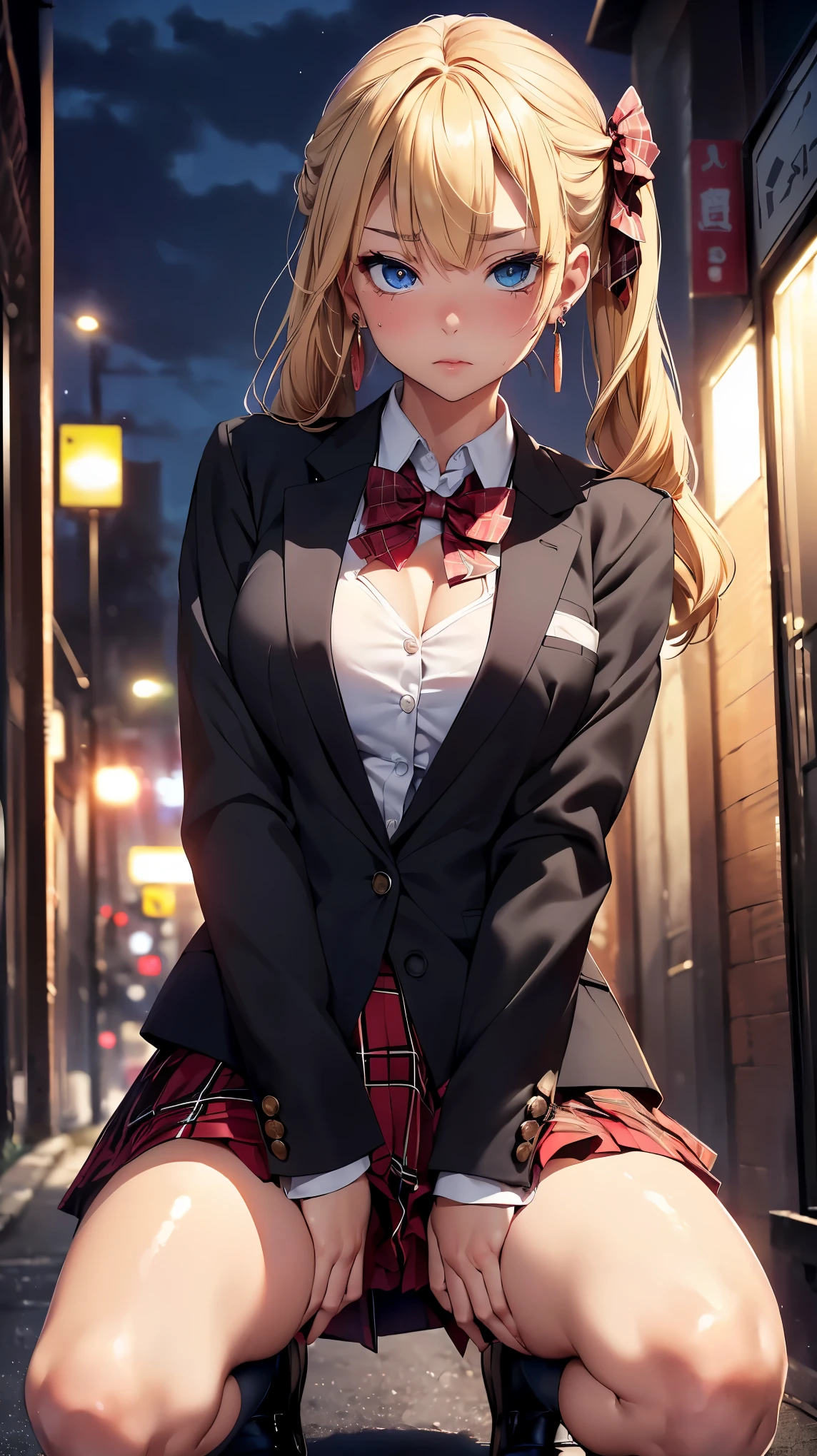 NSFW, (8k, RAW photo, 最high quality, masterpiece:1.2), High-definition RAW color photo, Professional photo shoot, cinematic light, alone, (((young woman))), (detailed expression), (small face), (high detail skin:1.2), clavicle, cute face, beautiful appearance, long eyelashes, (blonde, twin tails, blue eyes), ((earrings)), attractive big breasts, (slim body shape:1.4), very detailed顔と肌の質感, fine eyes, double eyelid, (((embarrassing:1.5))), ((hide one eye:1.2)), ((spread legs:1.5, photo shootのためポーズをとる, sexy pose, squat with legs apart)), (night time:1.5), Joy and excitement, sweating:1.37, ((put your hand on your chest, sexy shot, I can see your panties, red bow tie, high school uniform:1.2, black jacket, open jacket, white shirt, plaid skirt, seductive thighs)), bustling street:1.5, beautiful skin, shiny skin, perfect fingers, five fingers, anatomically correct, background bokeh, high quality, surreal, bright colors, ((Nikon, 135㎜, f/1.8, very detailed, photo shoot)),