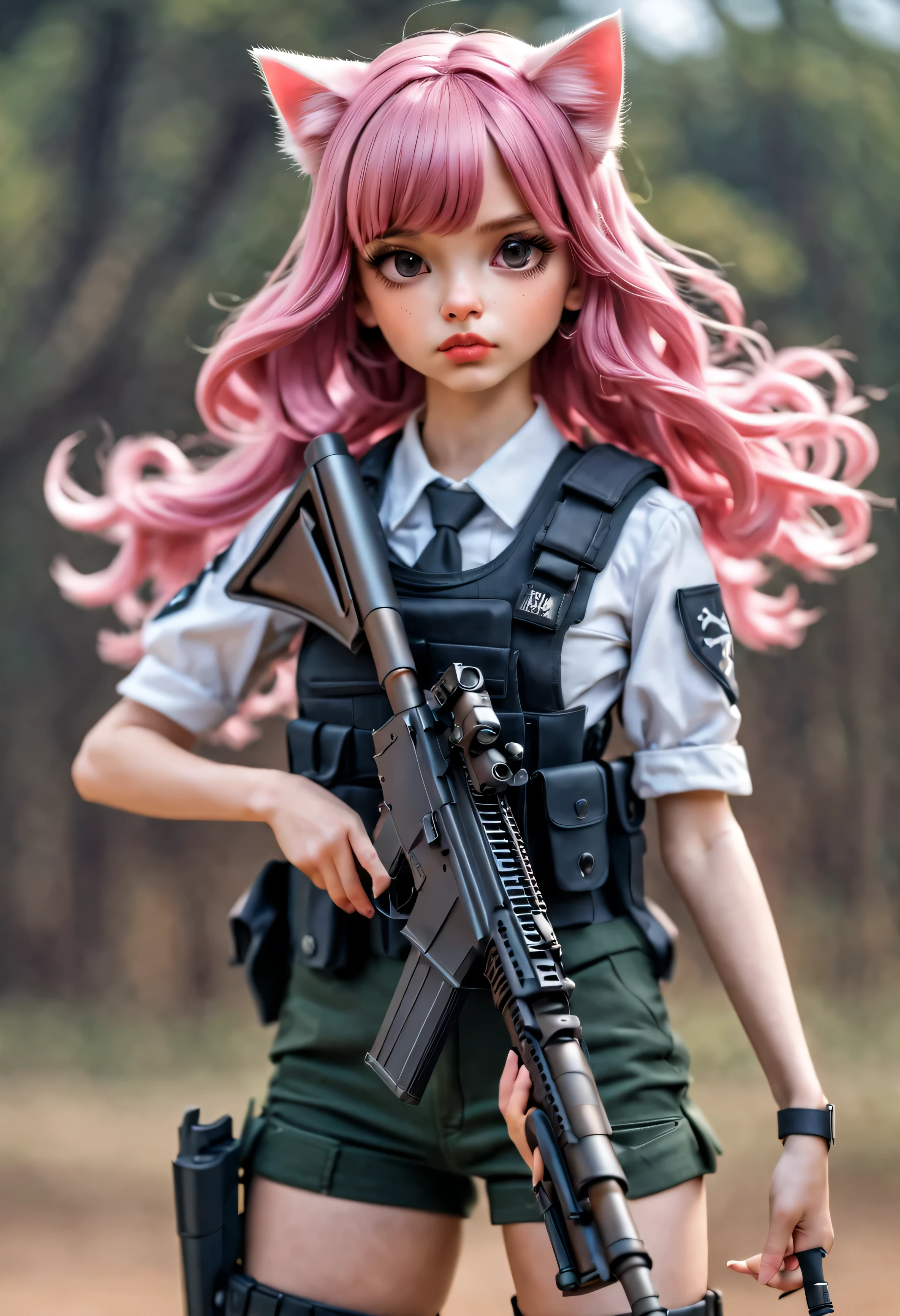 Mejor calidad , Obra maestra, 4 mujeres jovenes, Chicas kawaii con fusil de asaltos en un campo de batalla., en el conjunto completo de armadura SWAT, kawaii, ropa de cuero sensual, top con adornos, cara detallada, sosteniendo el arma, fusil de asalto, uniforme militar, ((apuntando con el arma al espectador)), Profundidad de campo, mirando enojado. cabello rosado, pelo blanco, orejas de gato, pose dinamica, 8K