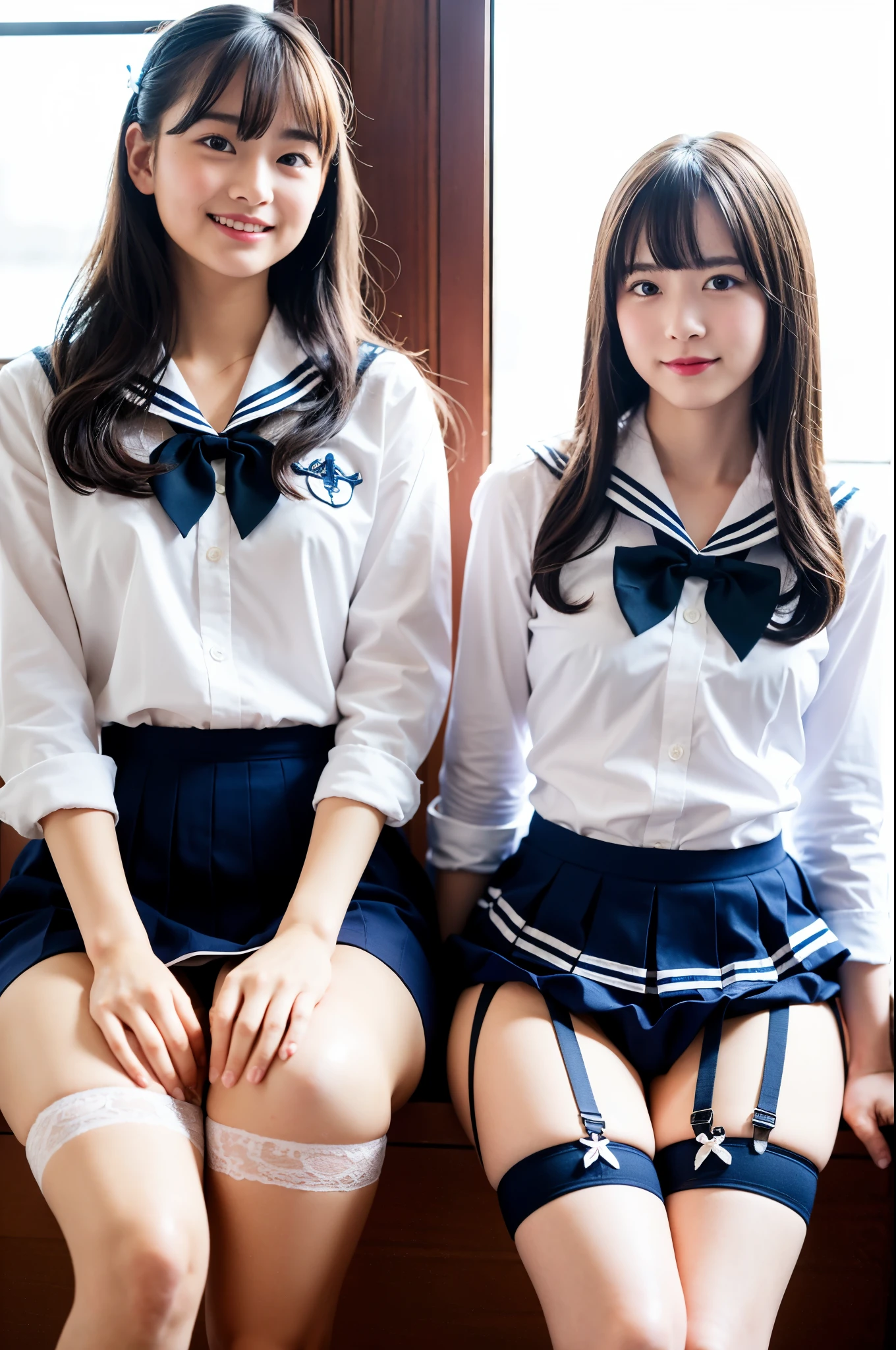 2 girls in classroom near window,white sailor shirt with ref bow tie,navy blue garter belt,no panties,red bow tie,18-year-old,bangs,a little smile,thighs,knees,straight hair with barrette,from below,front-lighting