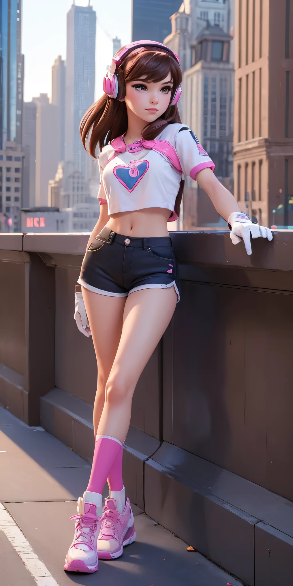 ((((Masterpiece)))), Best Quality, High Resolution, 1Girl, Ultra High Resolution, Solo, D.VA, Headphones, Pink Eyes, short shorts, Brown Hair, White Gloves, Face Decoration, full body shot, cute, crop top, realistic, cute pose, slim body, perfect body, 18 years old, Chicago city scape