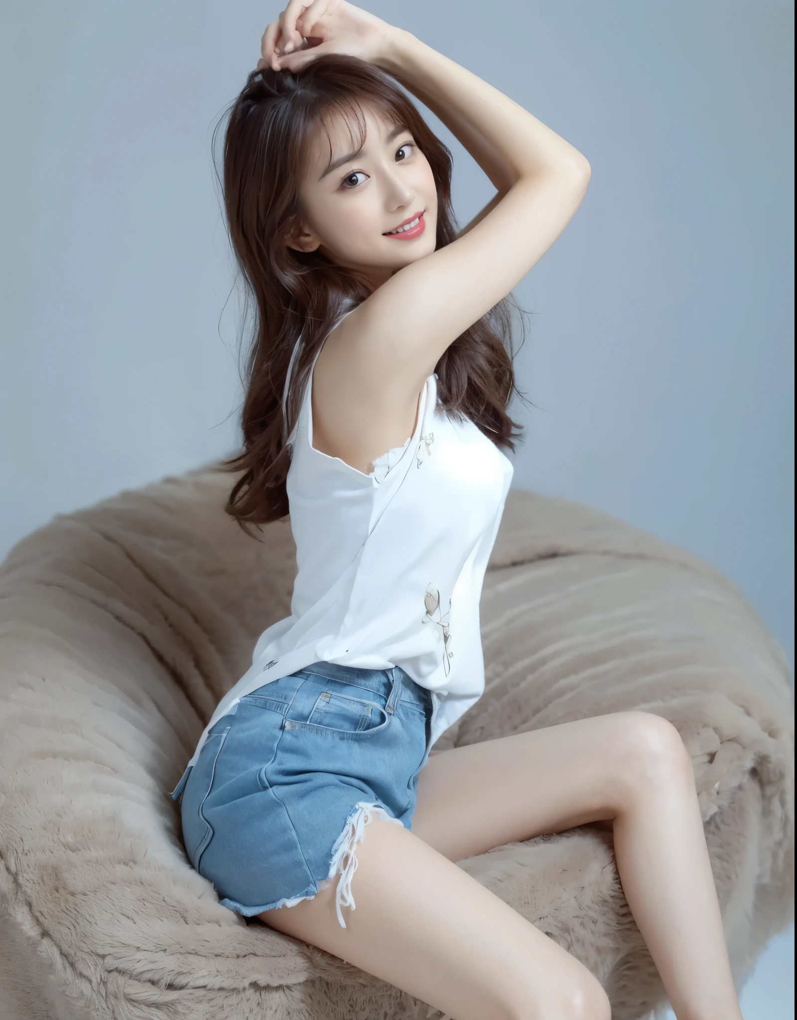 ((​Masterpiece, Top image quality, high resolution、alone、skin shiny))(on the table, best quality, actual, super detailed, meticulous, high resolution, 8k wallpaper), Close-up portrait of a beautiful woman, like, smiling, light brown messy hair, Perfect dynamic composition, 美丽meticulous的眼睛, Just like the cover of a fashion magazine, on campus，Gorgeous costumes，Gilt clothing，