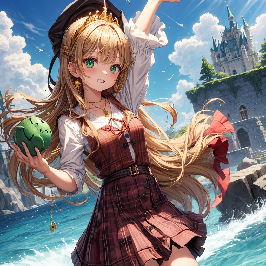 reddish-brown blonde、green eyes、one good looking girl、solo、anime、plaid mini skirt、the skirt has buttons、camisole、black t-shirt、dress、wearing a ribbon、ribbon at waist、cloak、hood、clouds are swirling、stone slabs are piled up、one hand raised、crystal earrings、sun、teeth are visible、splash of water、monster castle、have a world map、ceiling、golden key、balloon、jewelry necklace、tiara、Wheat-colored tan