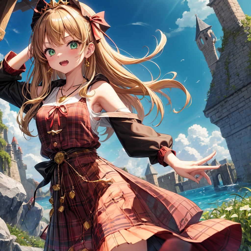 reddish-brown blonde、green eyes、one good looking girl、solo、anime、plaid mini skirt、the skirt has buttons、camisole、black t-shirt、dress、wearing a ribbon、ribbon at waist、cloak、hood、clouds are swirling、stone slabs are piled up、one hand raised、crystal earrings、sun、teeth are visible、splash of water、monster castle、have a world map、ceiling、golden key、balloon、jewelry necklace、tiara、Wheat-colored tan