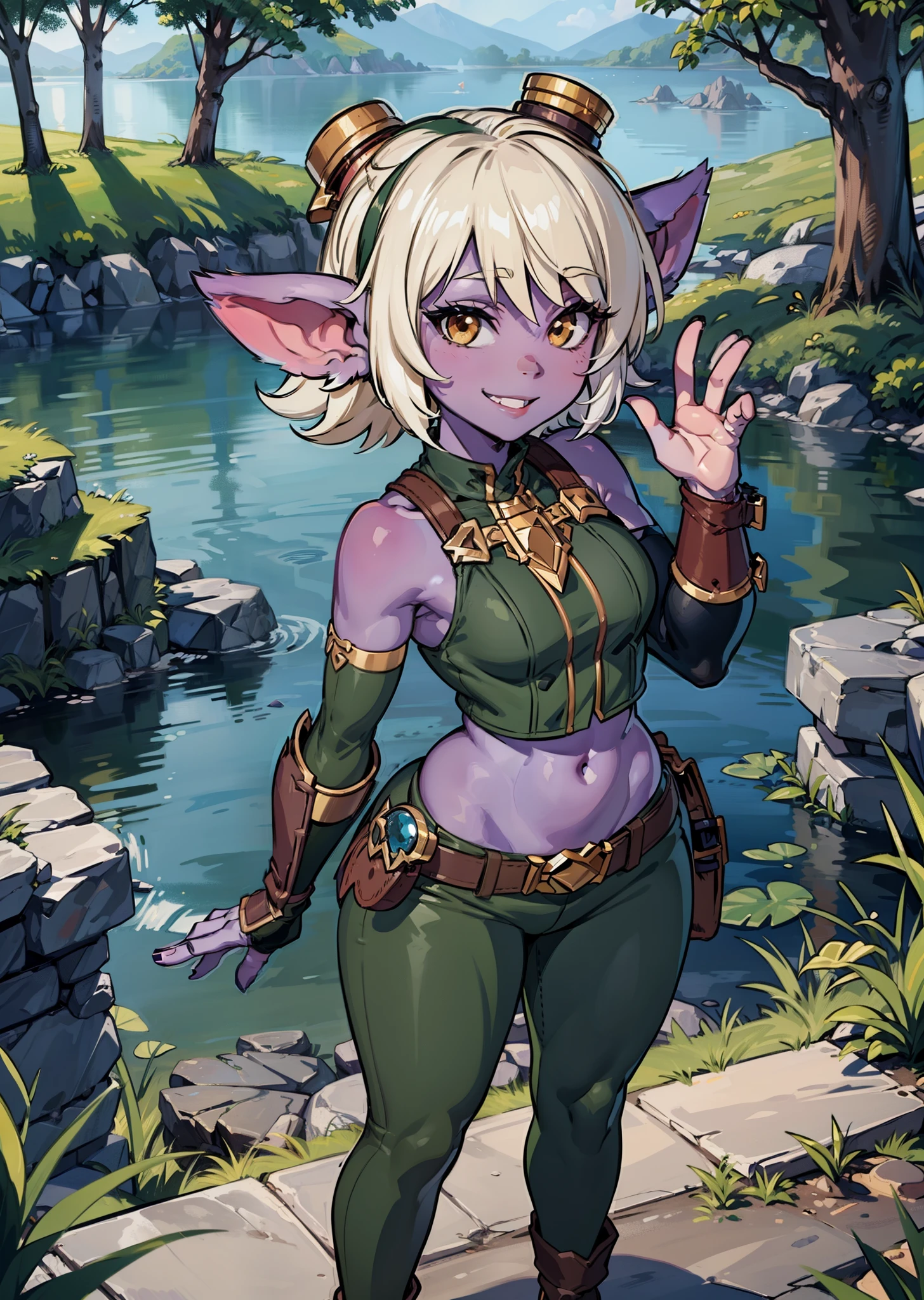 [tristana], [LOL], ((masterpiece)), ((HD)), ((high res)), ((beautiful render art)), ((solo portrait)), ((full body)), ((front view)), ((feet visible)), ((detailed shading)), {(attractive), (short), yordle, (purple skin), (elf ears), (short white hair), (cute brown eyes), (detailed iris), (short eyelashes), (curvy hips), (detailed abs), (thick thighs), (detailed legs), (beautiful legs), (beautiful feet), (cute smile), (excited expression)}, {(green sleeveless shirt), (navel), (tight green pants), (brown belt), (utility belt), (brown gauntlets), (fingerless gloves), (toeless socks), (goggles on head)}, {(standing), (waving at viewer), (looking at viewer)}, [background; (forest), (blue sky), (sun rays), (ambient lighting)]