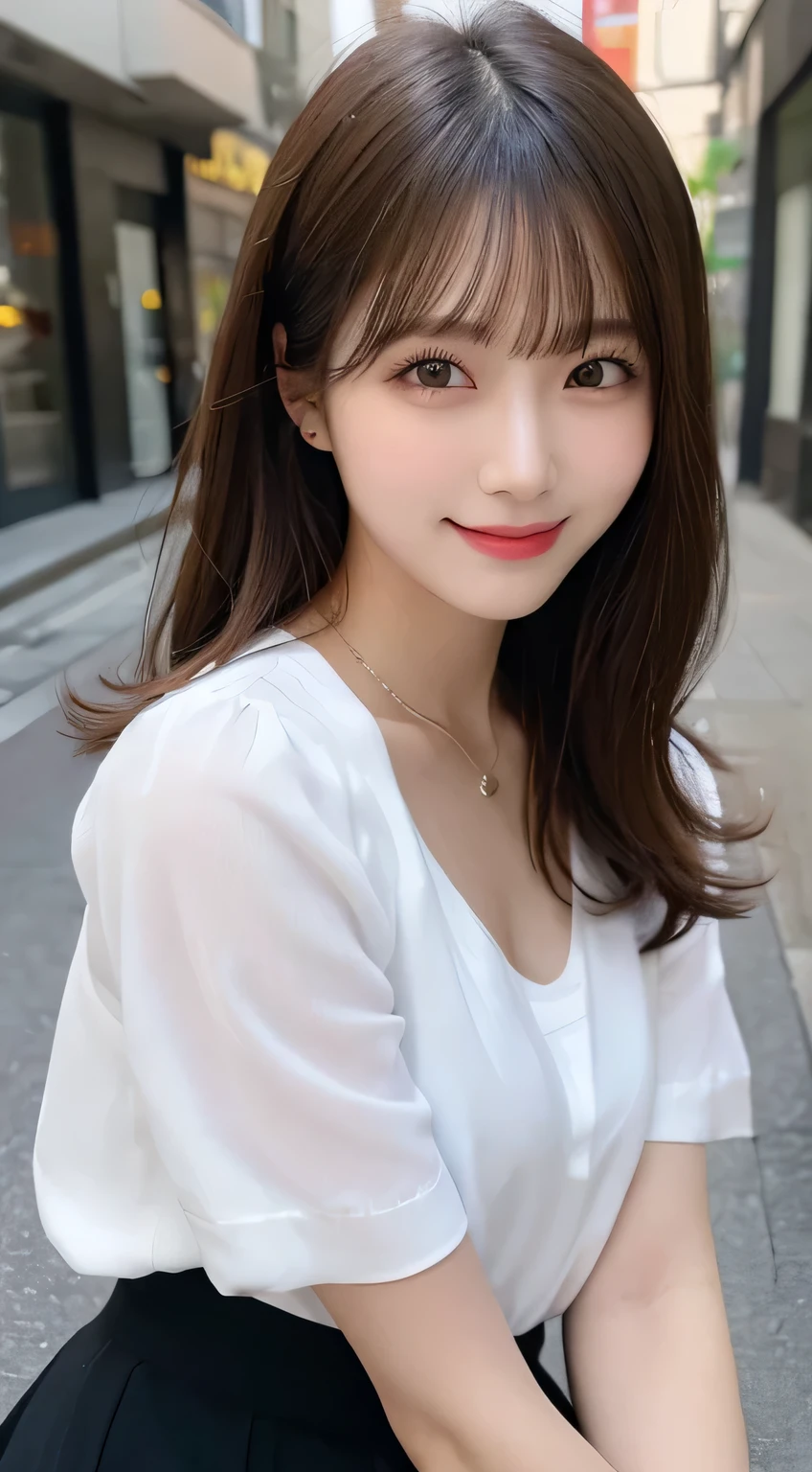 table top, highest quality, shape, Super detailed, finely, High resolution, 8k wallpaper, 完璧なダイナミックな構shape, finelyて美しい目, dress,medium hair, middle of chest, natural color lip, random sexy pose,smile,Osaka,20 year old girl,cute,mini skirt